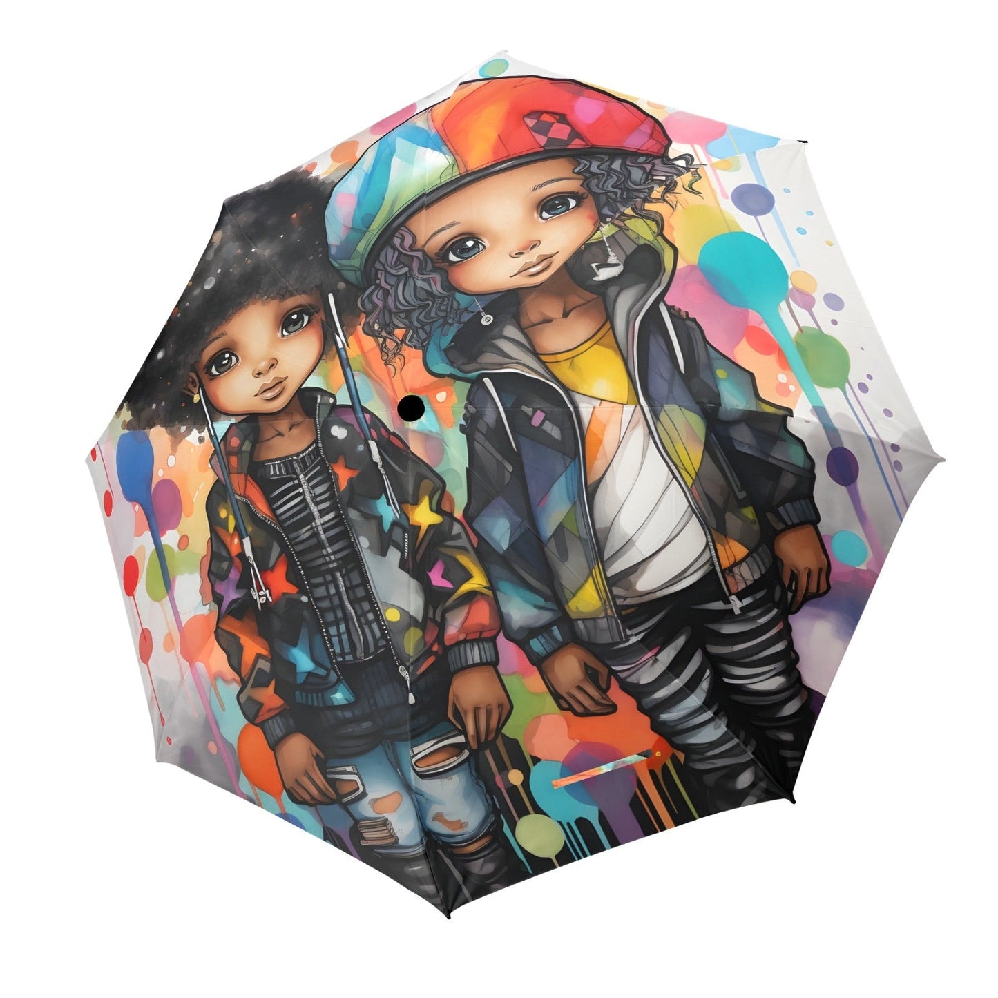 Semi-Automatic Foldable Umbrella - Black Girl Art - Velvet's View - Whimsical Kool Kids Collection - (Model U12)
