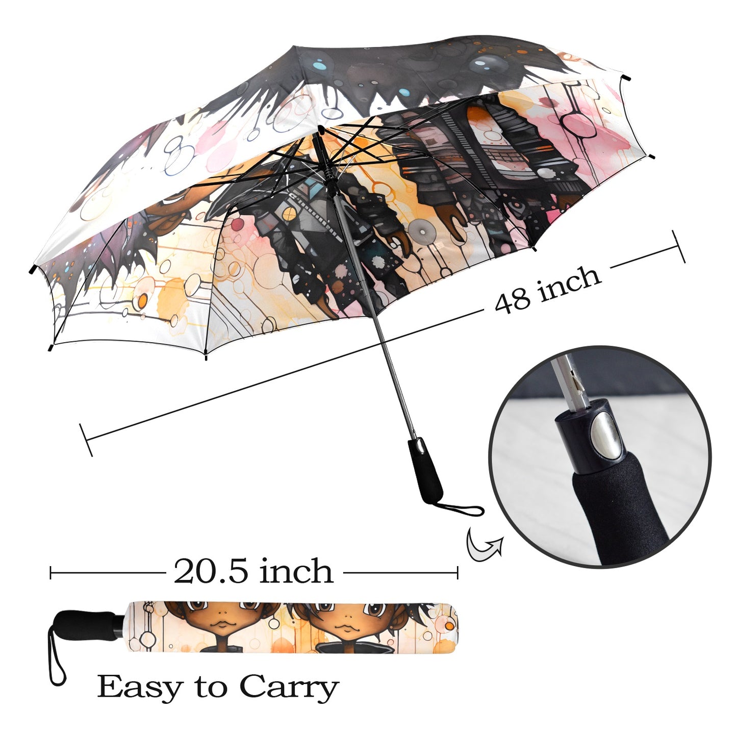 Semi-Automatic Foldable Umbrella - Black Girl Art - Velvet's View - Whimsical Kool Kids Collection - (Model U12)