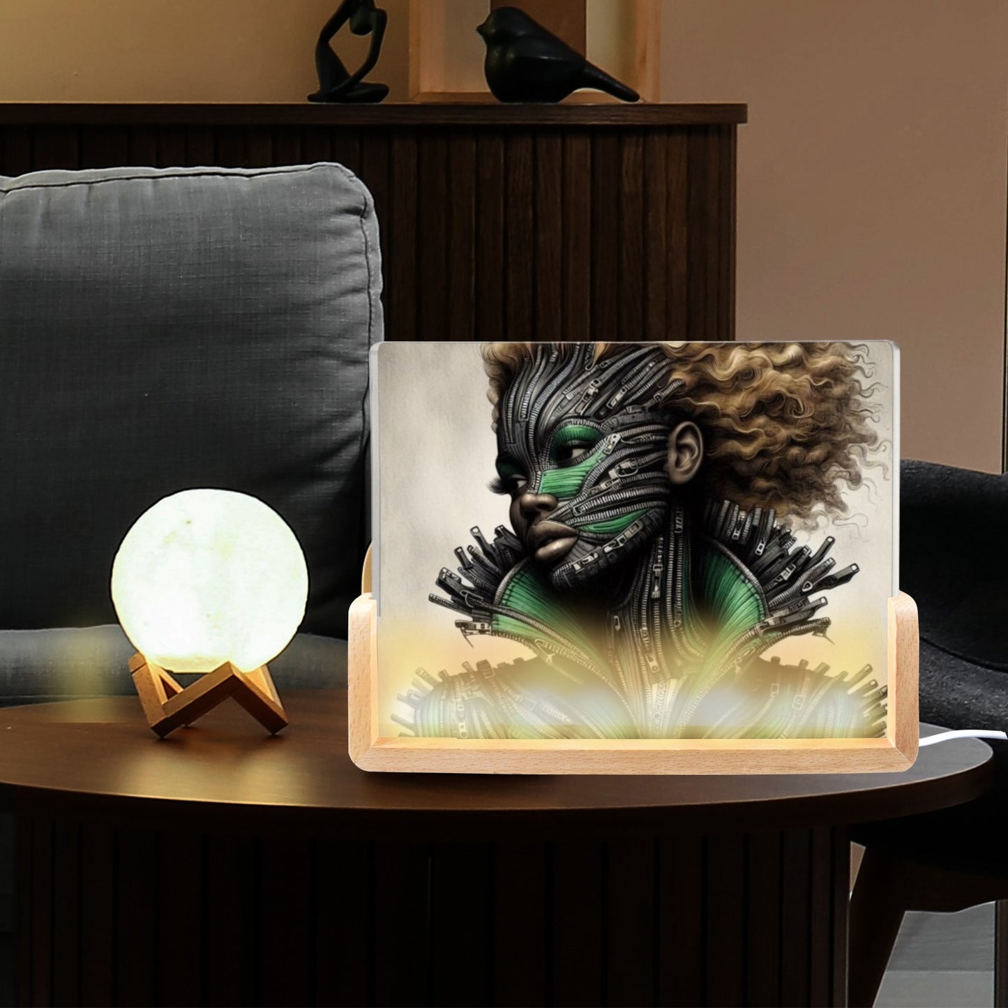Acrylic Photo Night Light - Velvet's View - Mechanical Muse - The Fusion of Fashion and Futurism Collection - 8"x6"(U-Shaped Beech Base)
