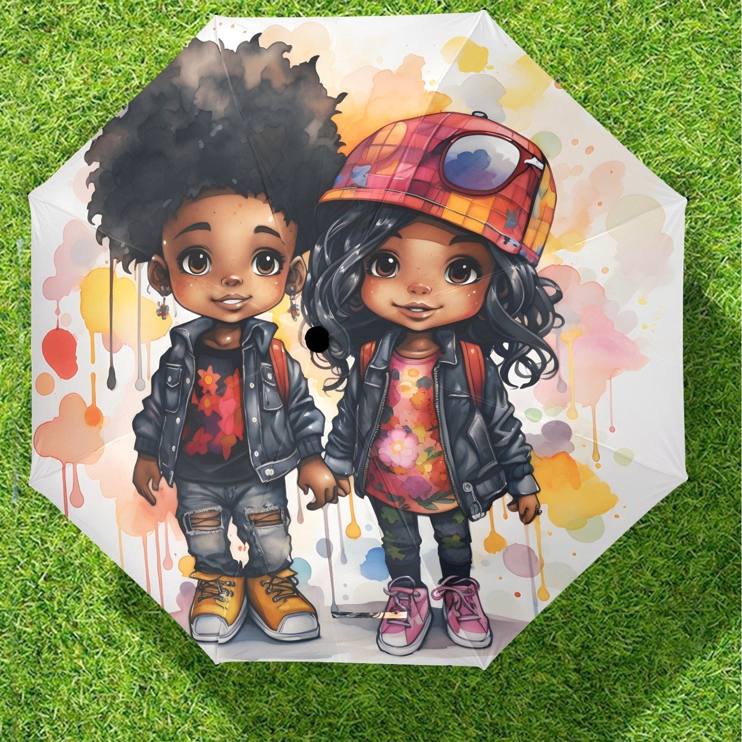 Semi-Automatic Foldable Umbrella - Black Girl Art - Velvet's View - Whimsical Kool Kids Collection - (Model U12)