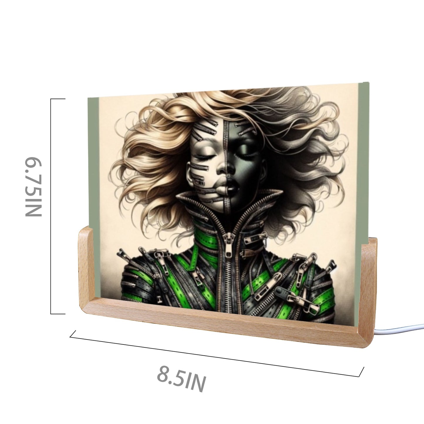 Acrylic Photo Night Light - Velvet's View - Mechanical Muse - The Fusion of Fashion and Futurism Collection - 8"x6"(U-Shaped Beech Base)