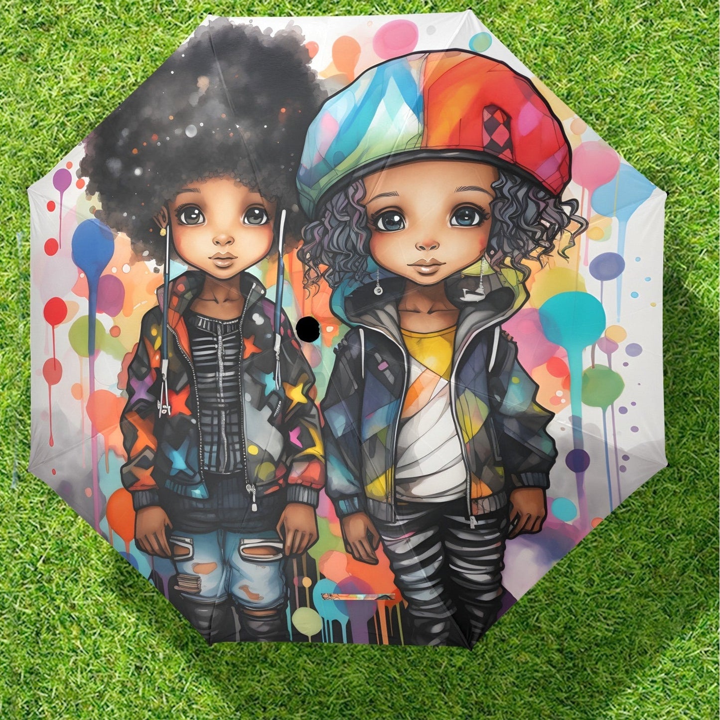 Semi-Automatic Foldable Umbrella - Black Girl Art - Velvet's View - Whimsical Kool Kids Collection - (Model U12)