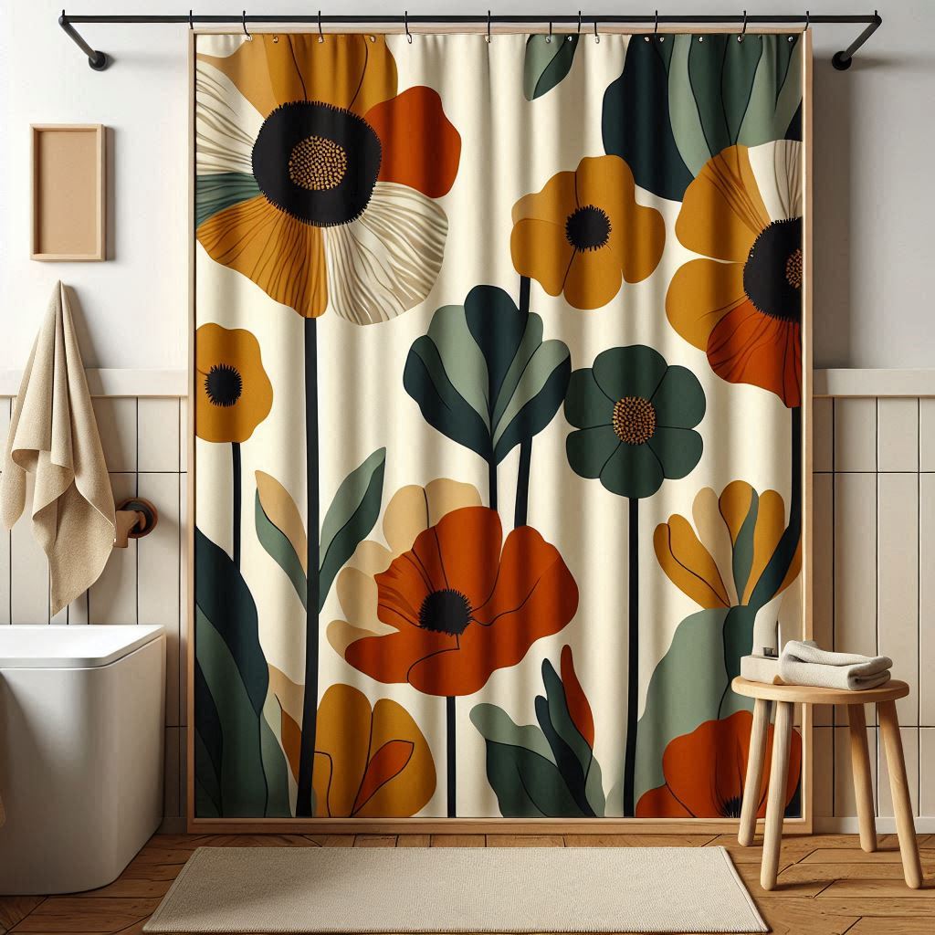 Retro Floral Bathroom Decor Set | Boho Abstract Shower Curtain, Towels & Wall Art | Mid Century Modern Bath Mat | Earth Tone Bathroom Collection - Bath Rug 20''x 32''