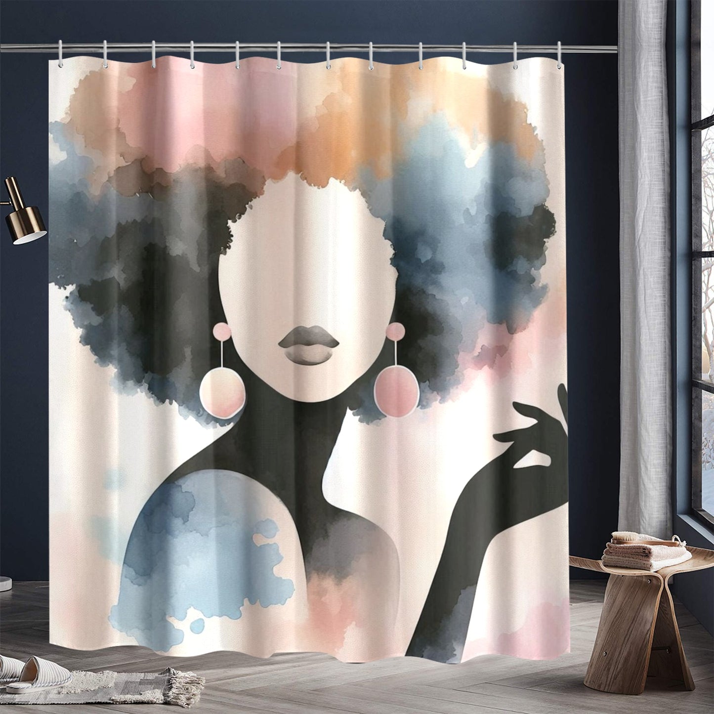 Afro Watercolor Shower Curtain Collection – Black Woman Silhouette Art for Bathroom Décor - 79882858