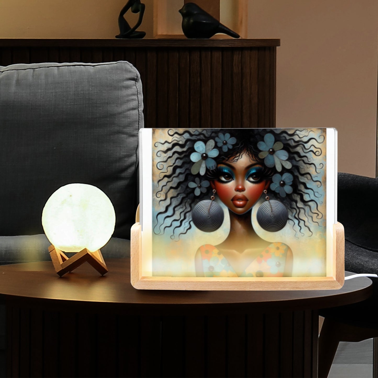 Bold & Beautiful: Afrocentric Digital Art Collection - Acrylic Photo Night Light 8"x6"(U-Shaped Beech Base) - #2017