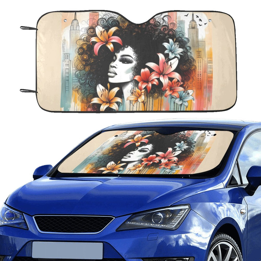 Urban Blossoms: Vibrant Cityscapes and Floral Dreams – Collection - Car Sunshade 55"x30" - #2011
