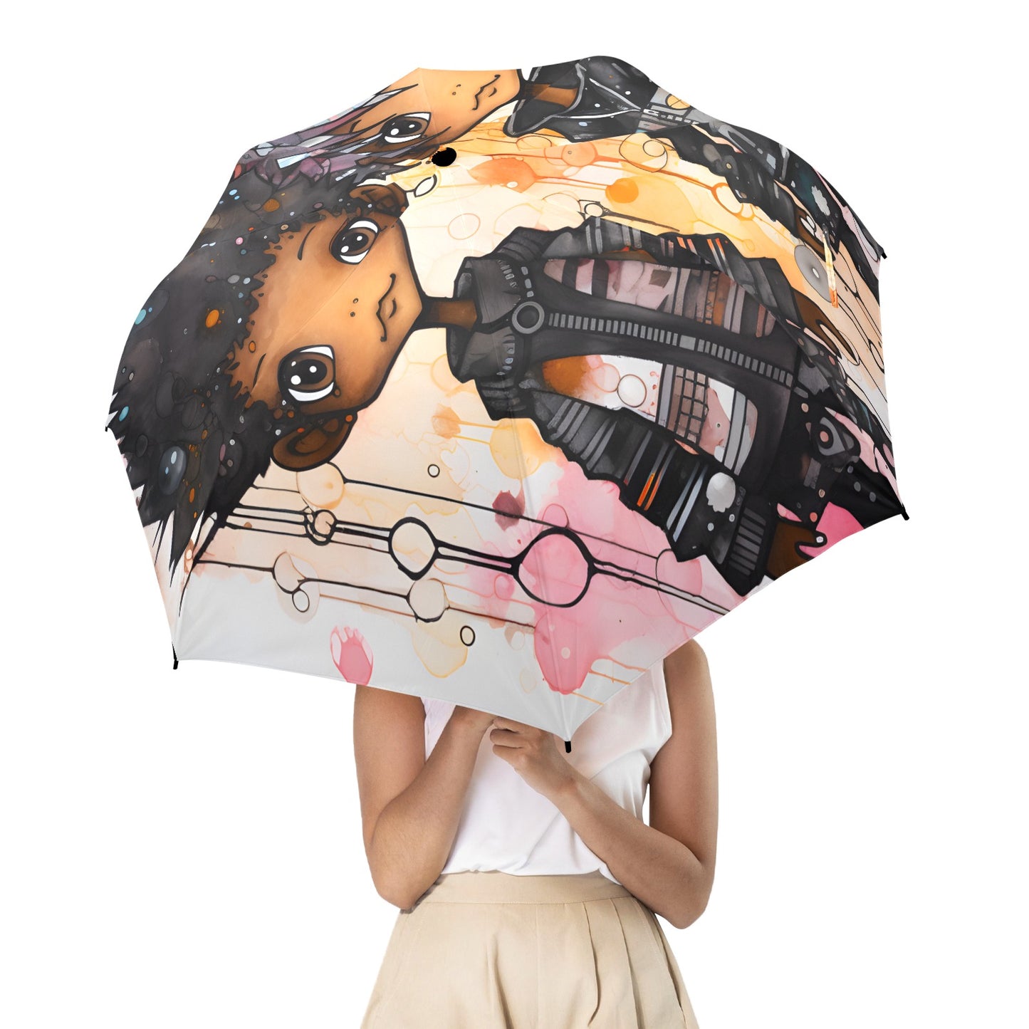 Semi-Automatic Foldable Umbrella - Black Girl Art - Velvet's View - Whimsical Kool Kids Collection - (Model U12)