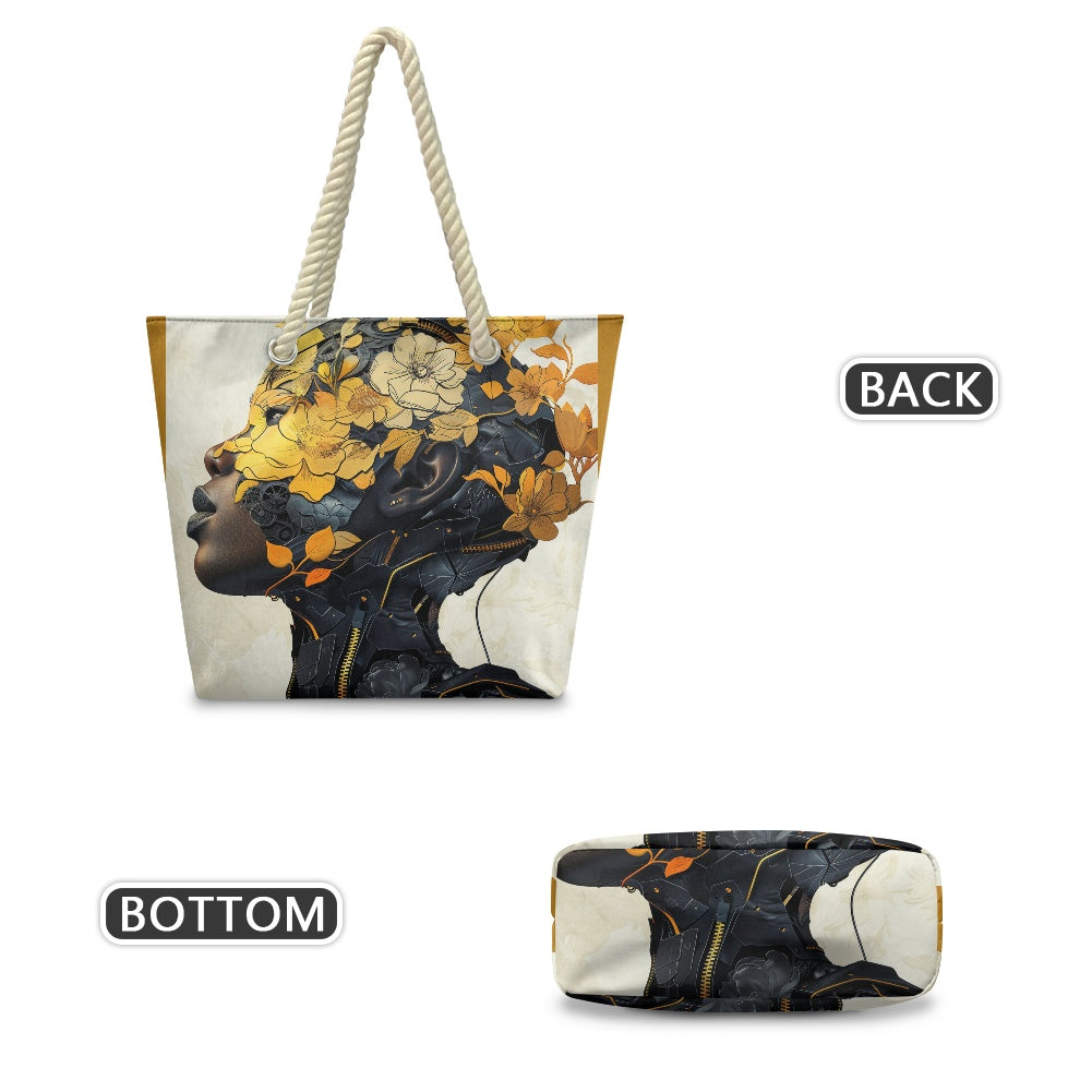 Blossom of the Machine: A Harmonious Fusion of Nature and Technology - Hemp Rope Tote Bag - #2011