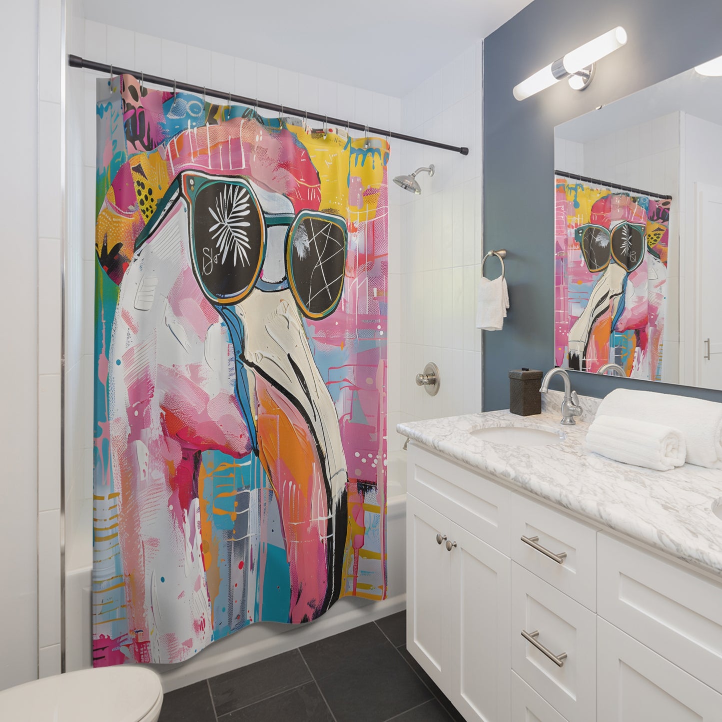 Shower Curtains - Black Girl Art - Velvet's View - Funky Flamingos Collection 612