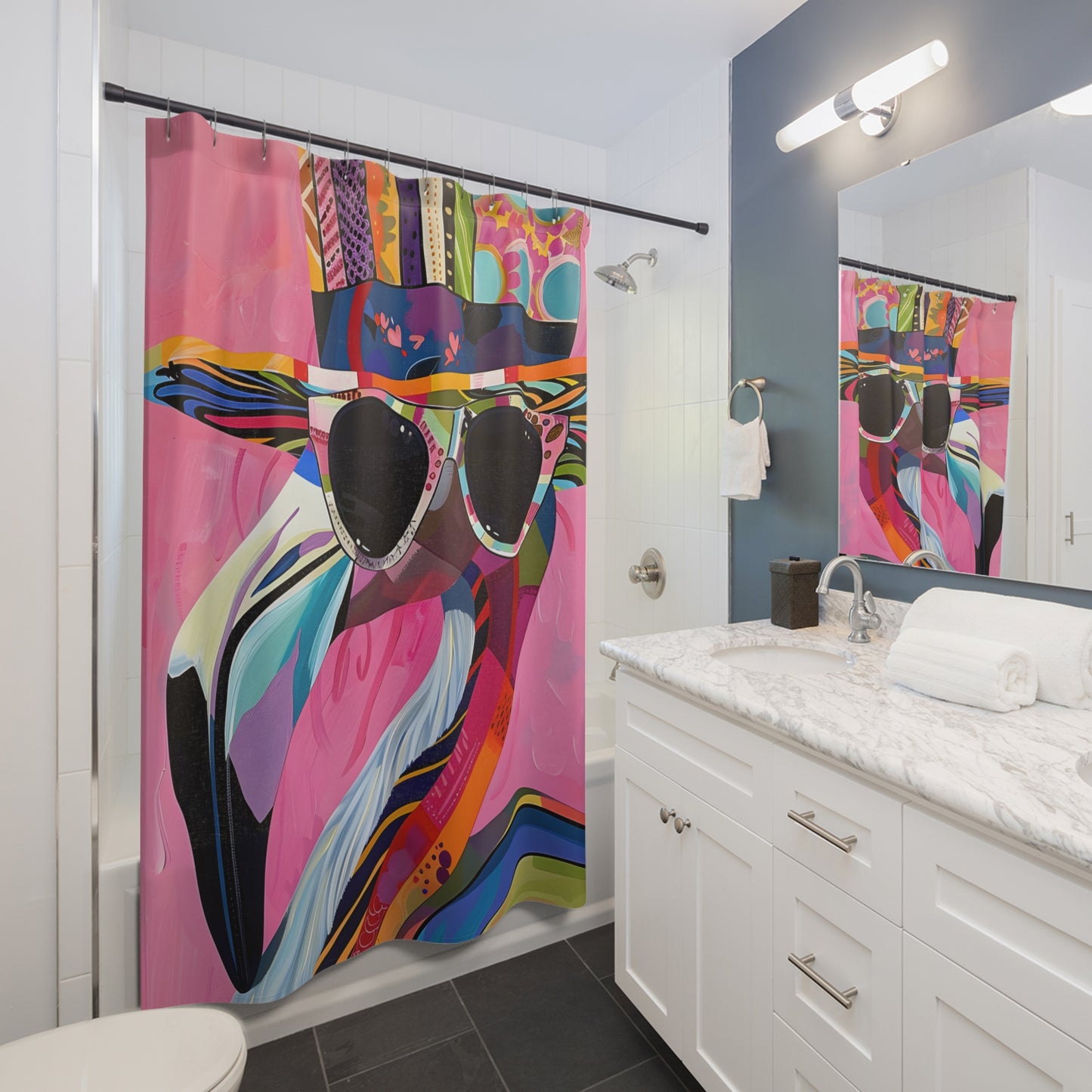 Shower Curtains - Black Girl Art - Velvet's View - Funky Flamingos Collection 606