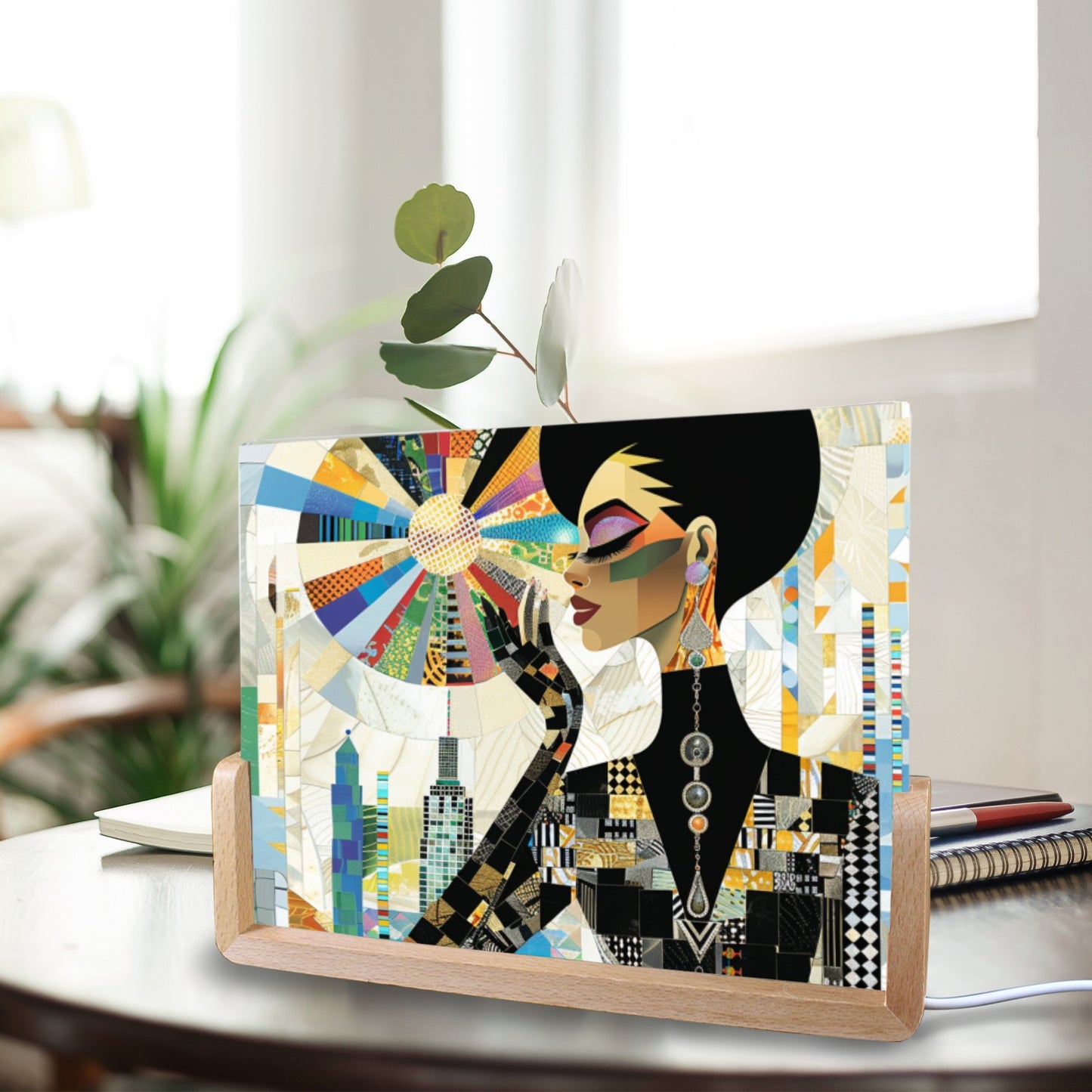 Acrylic Photo Night Light - Black Girl Art - Velvet's View - Urban Elegance - Illuminated in Color Collection - 8"x6"(U-Shaped Beech Base)