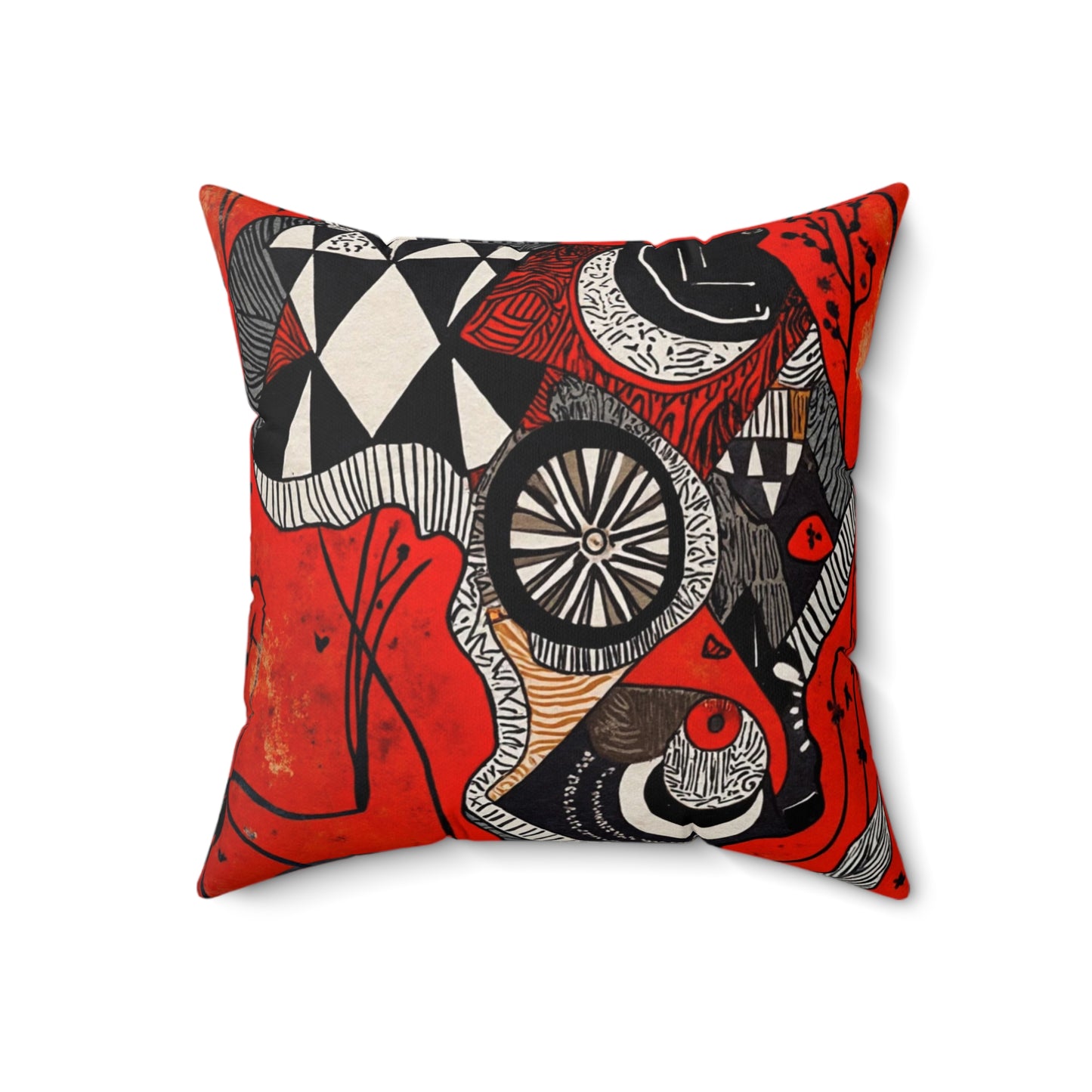 Spun Polyester Square Pillow - Black Girl Art - Velvet's View - Tribal Harmony - Red and Black Tribal Patterns –