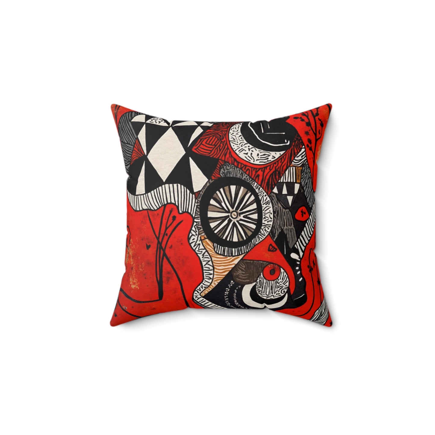 Spun Polyester Square Pillow - Black Girl Art - Velvet's View - Tribal Harmony - Red and Black Tribal Patterns –