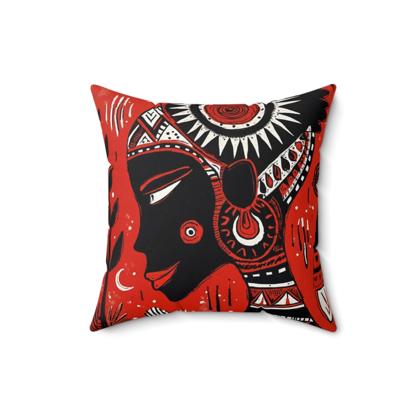 Spun Polyester Square Pillow - Black Girl Art - Velvet's View - Tribal Harmony - Red and Black Tribal Patterns –