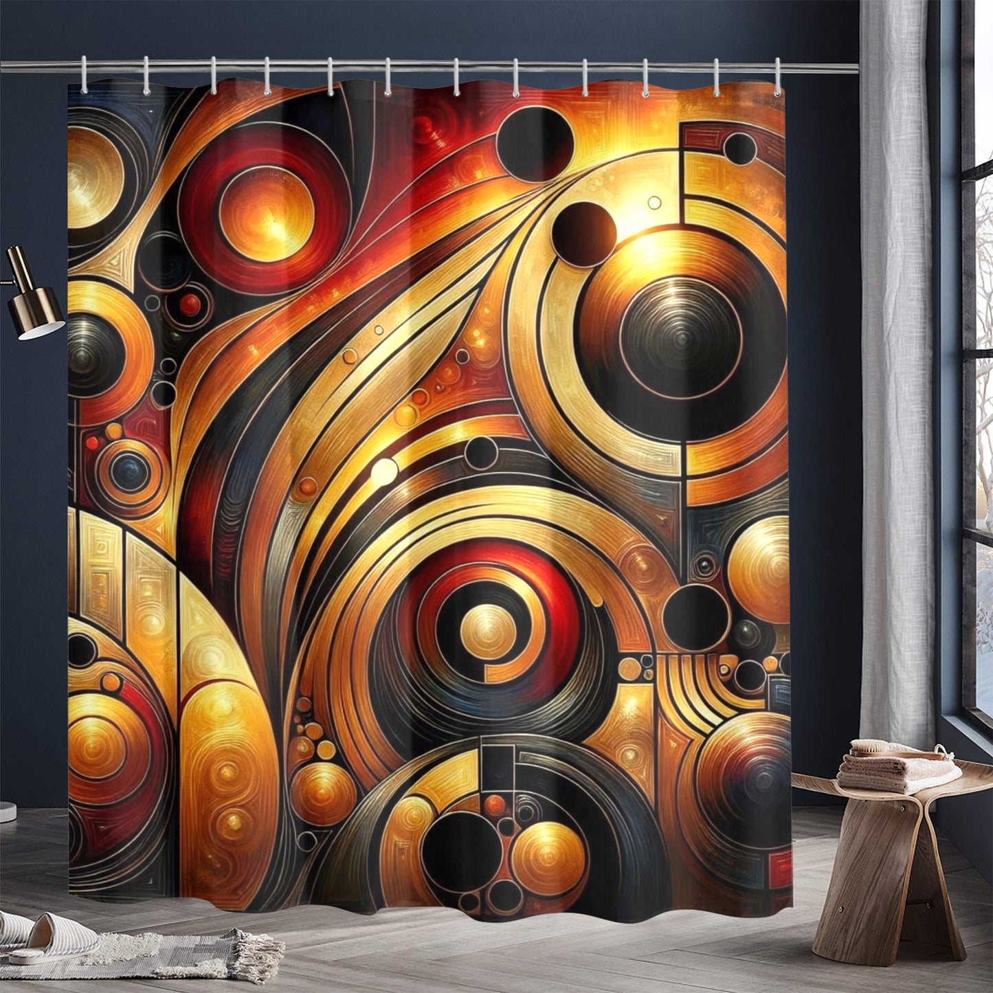 Modern Geometric Bathroom Set | Gold & Red Abstract Shower Curtain | Bold Afro-Inspired Bath Decor - Shower Curtain 72"x84" - J238559