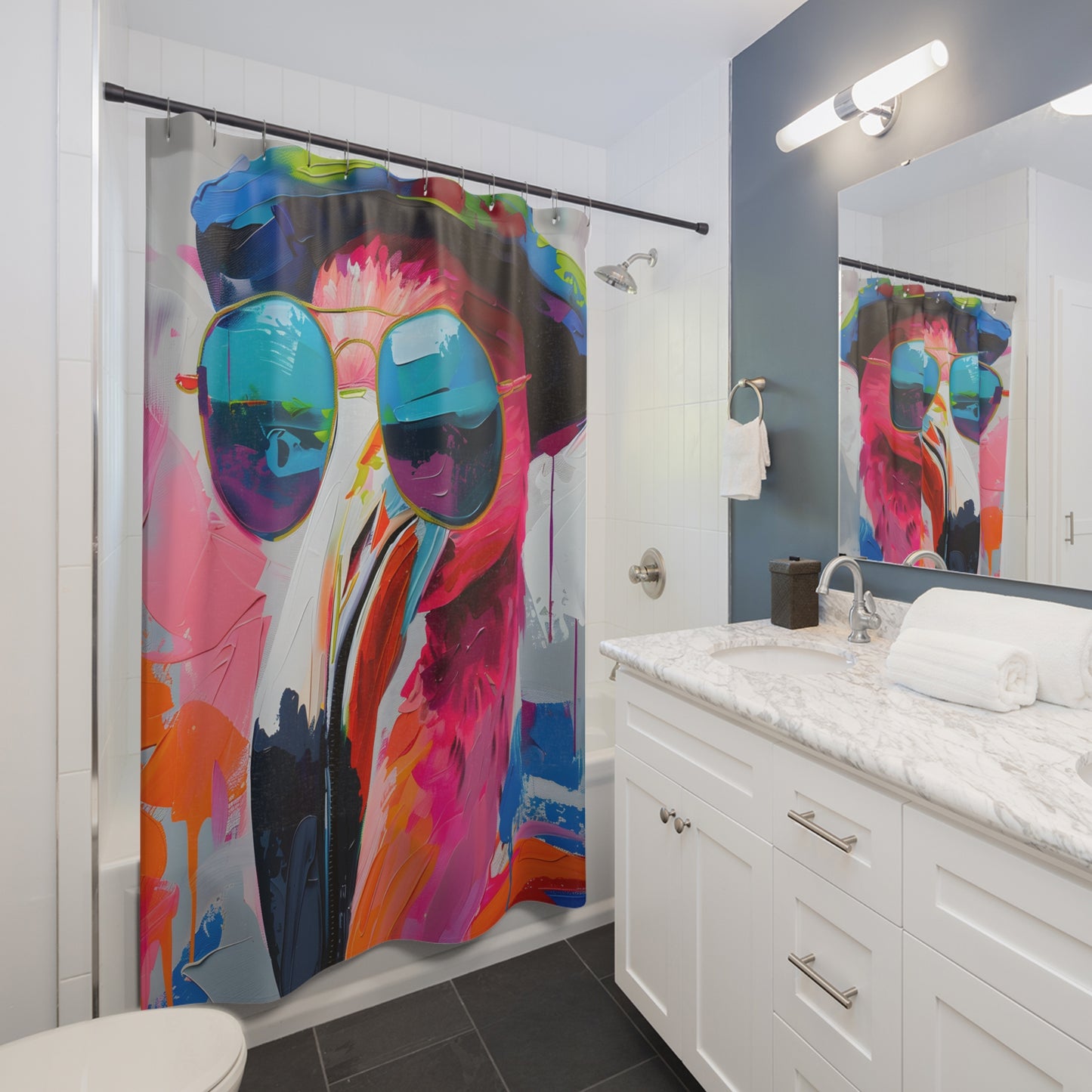 Shower Curtains - Black Girl Art - Velvet's View - Funky Flamingos Collection 608