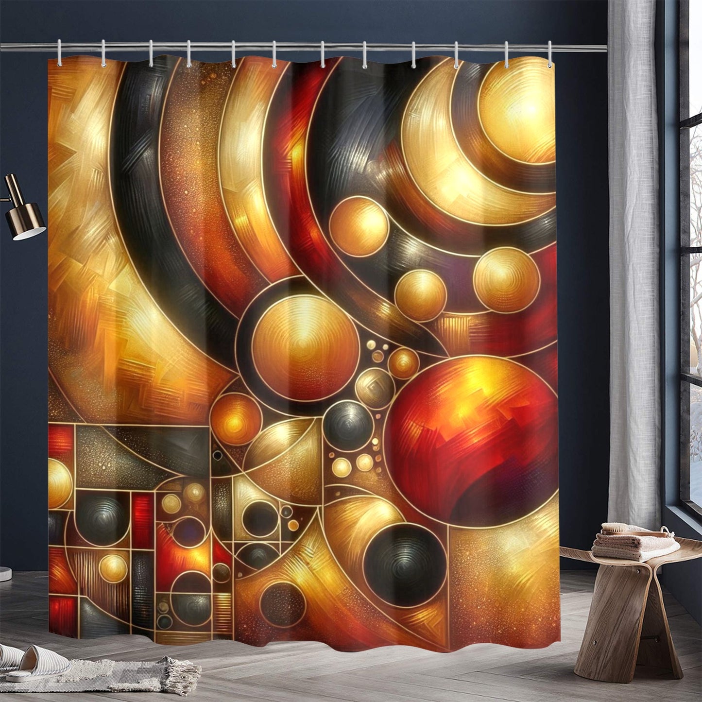 Modern Geometric Bathroom Set | Gold & Red Abstract Shower Curtain | Bold Afro-Inspired Bath Décor – Bath Rug 20''x 32'' – K239125