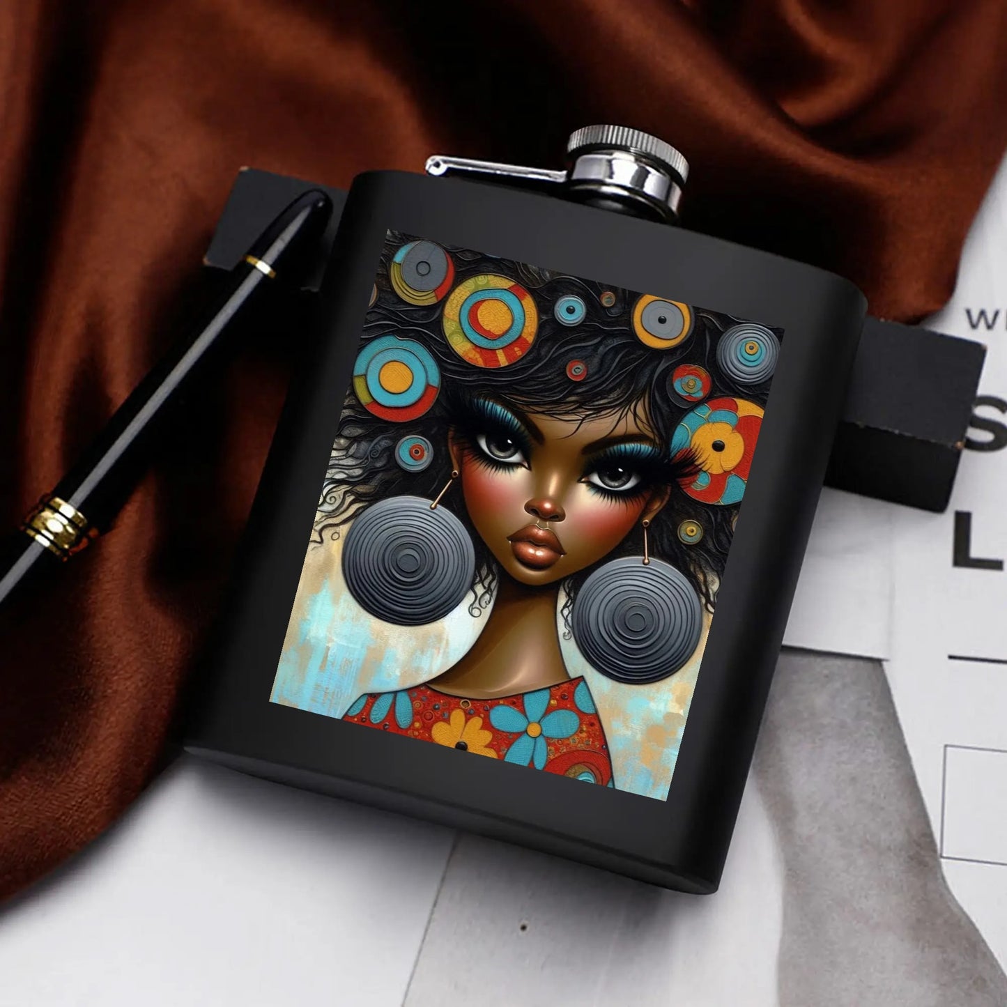 Hip Flask Set 7oz Black Stainless Steel with A Gift Box - Velvet's View - Bold & Beautiful - Afrocentric Digital Art Collection