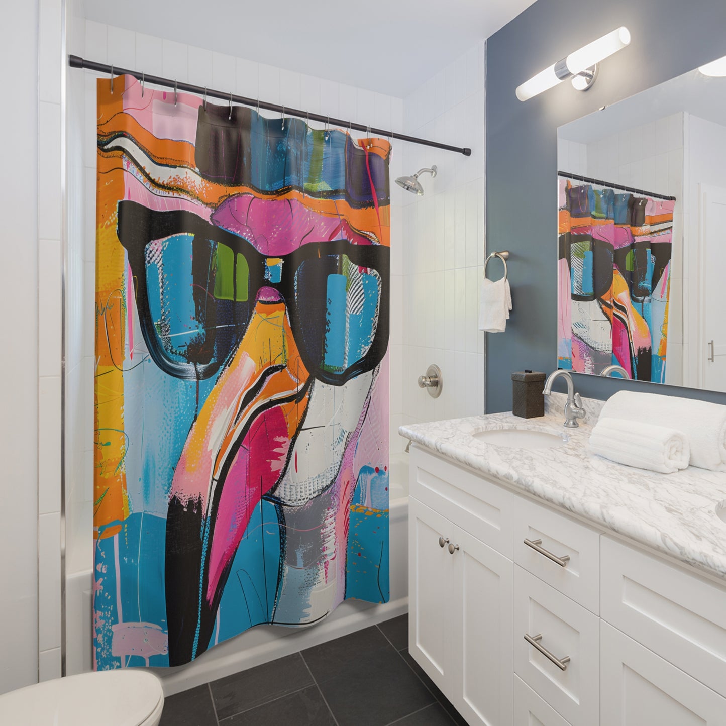 Shower Curtains - Black Girl Art - Velvet's View - Funky Flamingos Collection 613
