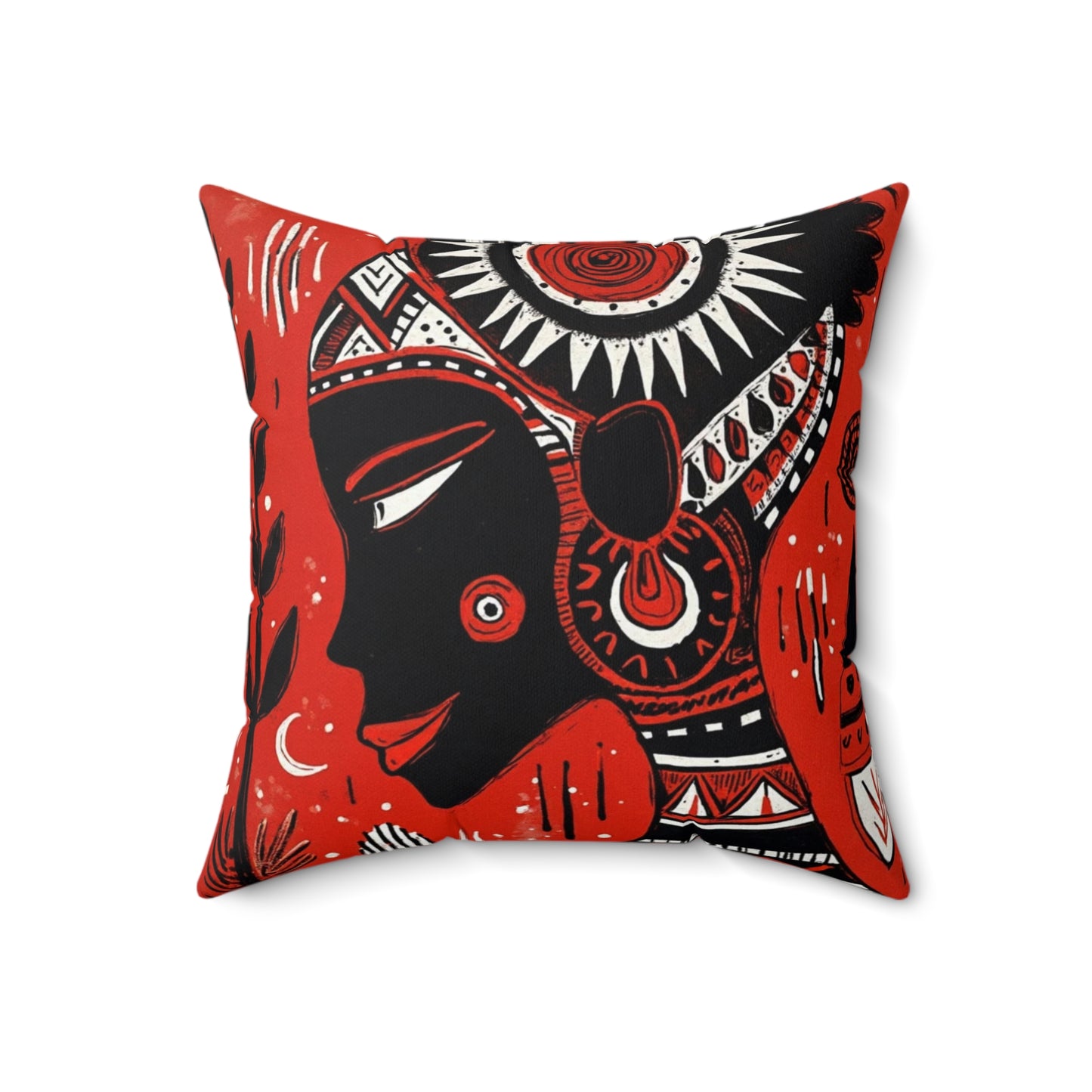 Spun Polyester Square Pillow - Black Girl Art - Velvet's View - Tribal Harmony - Red and Black Tribal Patterns –