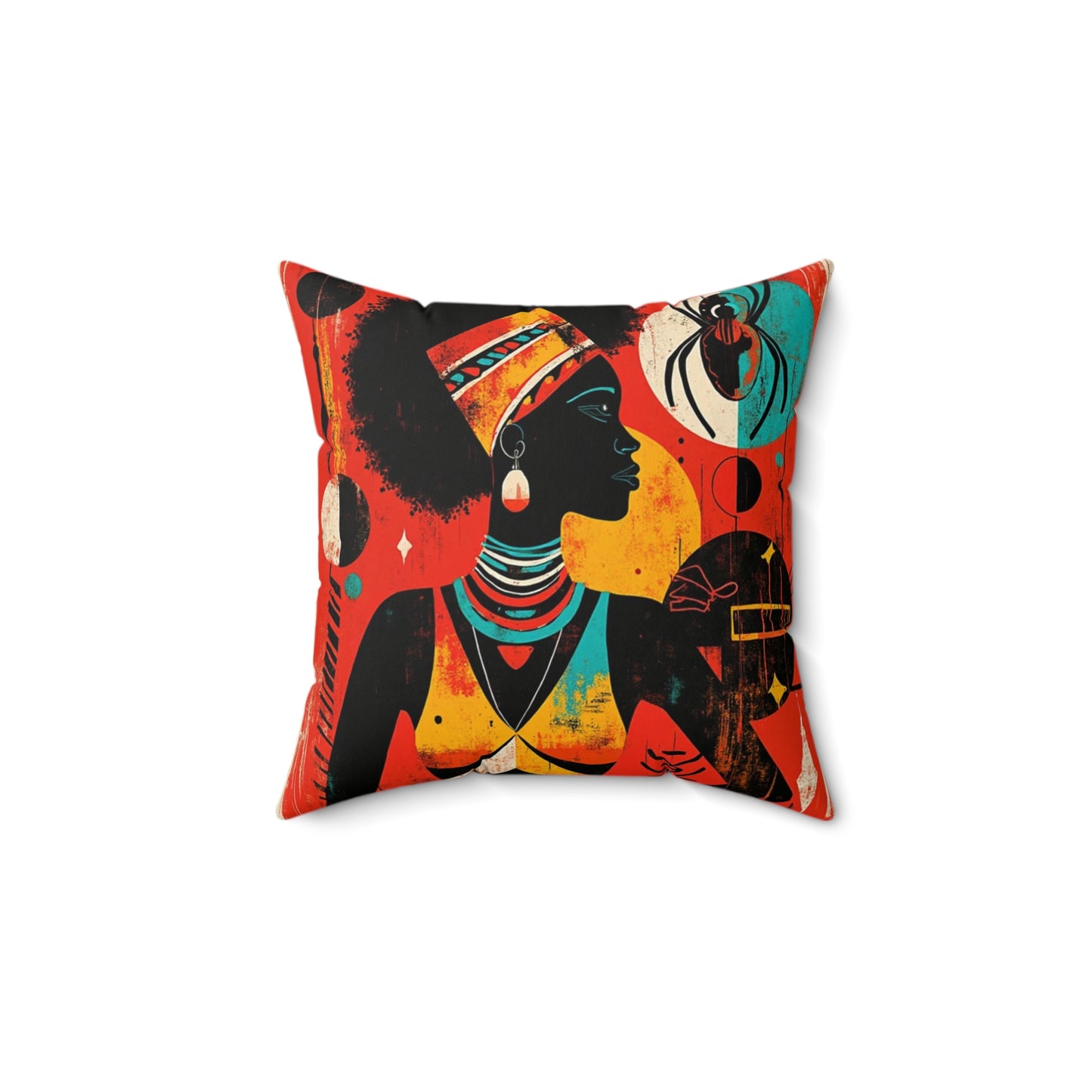 Spun Polyester Square Pillow - Black Girl Art - Velvet's View - Tribal Harmony - Red and Black Tribal Patterns –