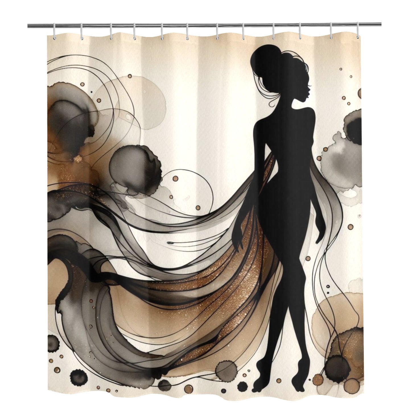 Golden Grace: Afro Silhouette Shower Curtain Collection – Luxury Black Woman Art for Modern Bathrooms - 12074448