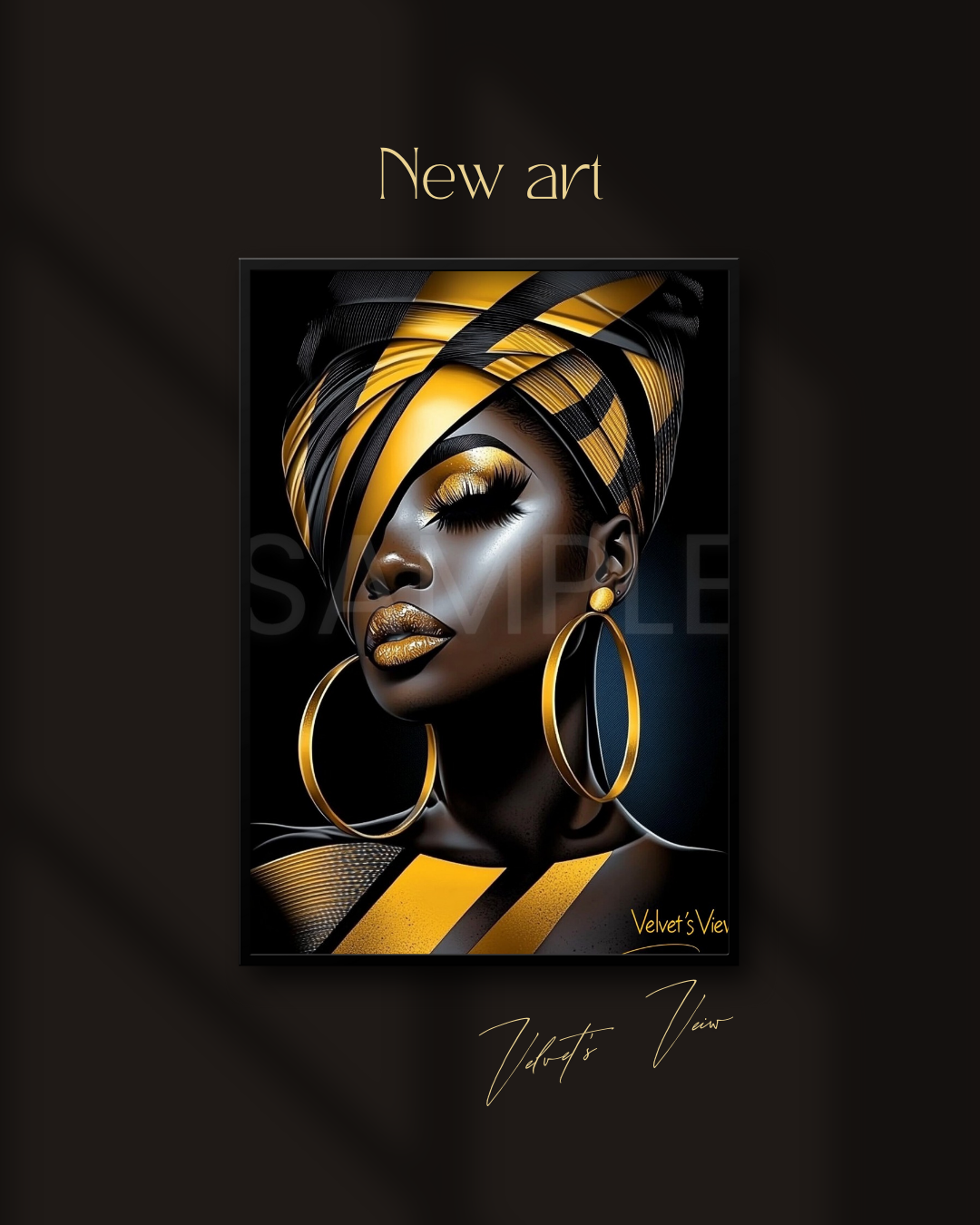 Abstract Silence: Golden Harmony in Profile – Afro-Minimalist Digital Art Print by Velvet’s View - 2115841ki