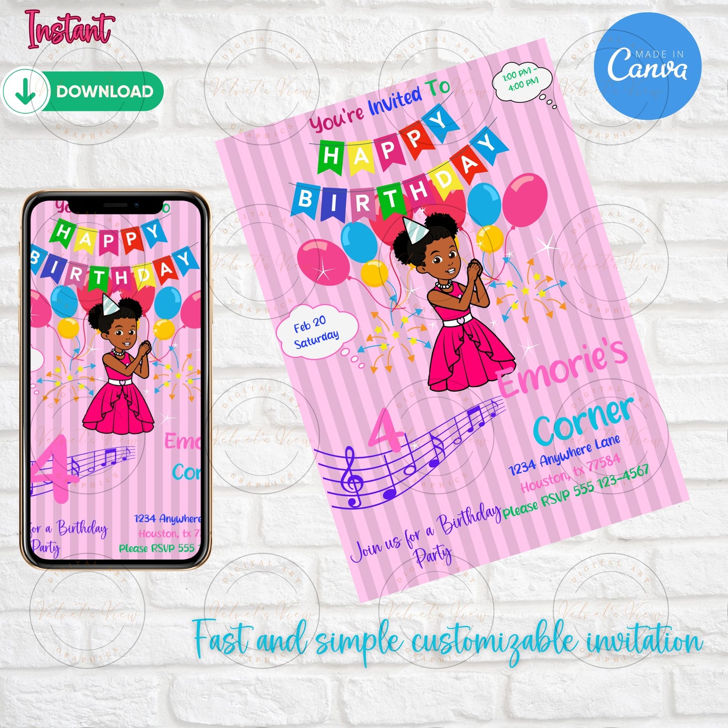 Printable Editable Girl Invite Template | Music Birthday Party | Gracie'S Corner Birthday | Gracies Corner Party Invitation -#2011
