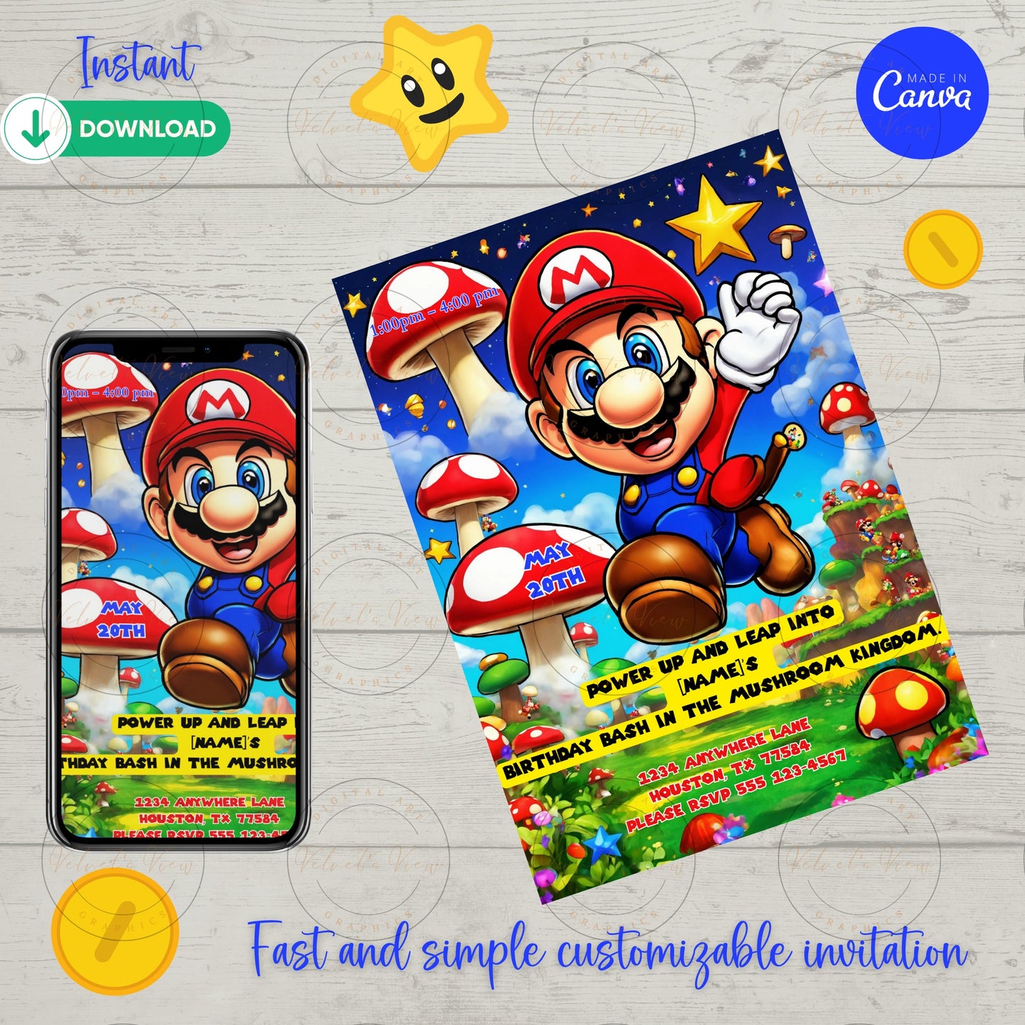Printable Editable Invite Template | Music Birthday Party | Super Gaming Bash: Level Up Birthday Party Invitation #2013