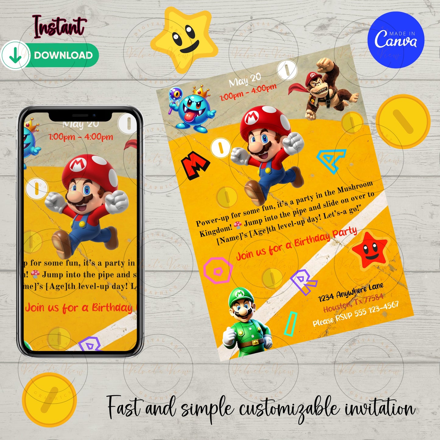 Printable Editable Invite Template | Music Birthday Party | Super Gaming Bash: Level Up Birthday Party Invitation #2011