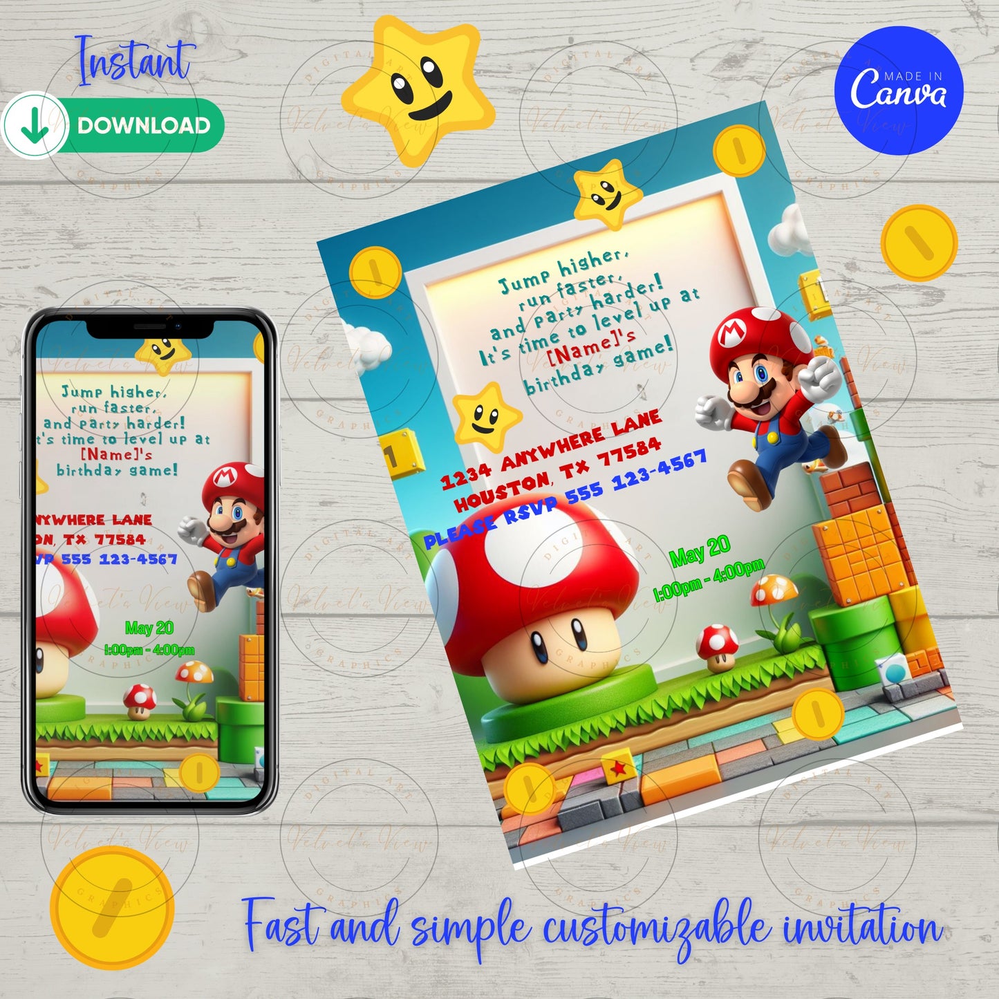 Printable Editable Invite Template | Music Birthday Party | Super Gaming Bash: Level Up Birthday Party Invitation #2012