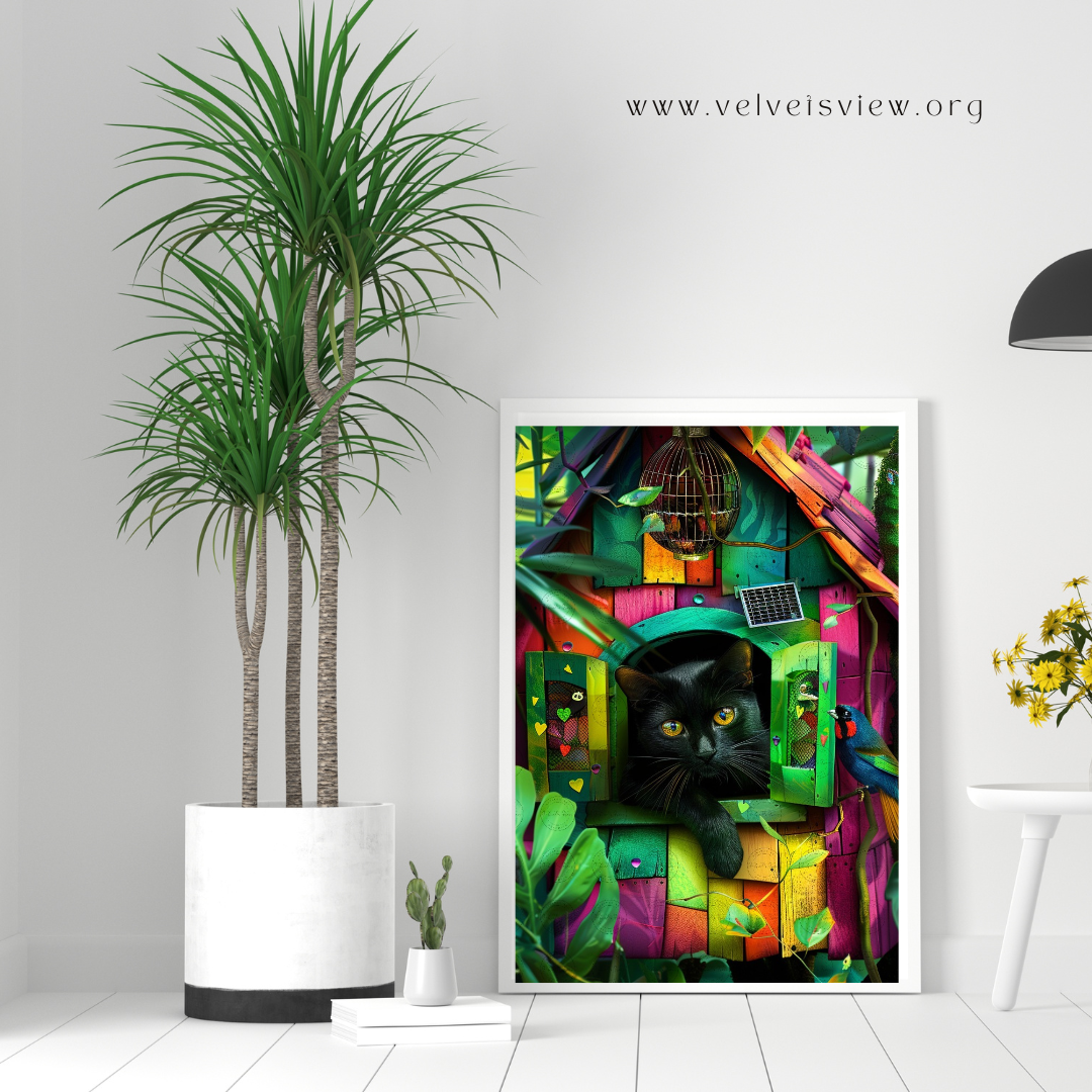 Black Girl Art - Velvet's View Digital Art - Whimsical Jungle Retreat: Enchanted Cat Abode