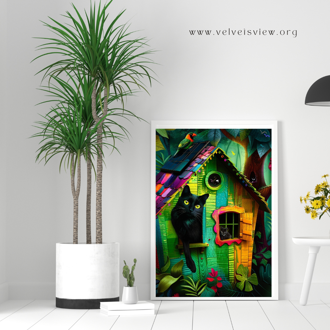 Black Girl Art - Velvet's View Digital Art - Whimsical Jungle Retreat: Enchanted Cat Abode