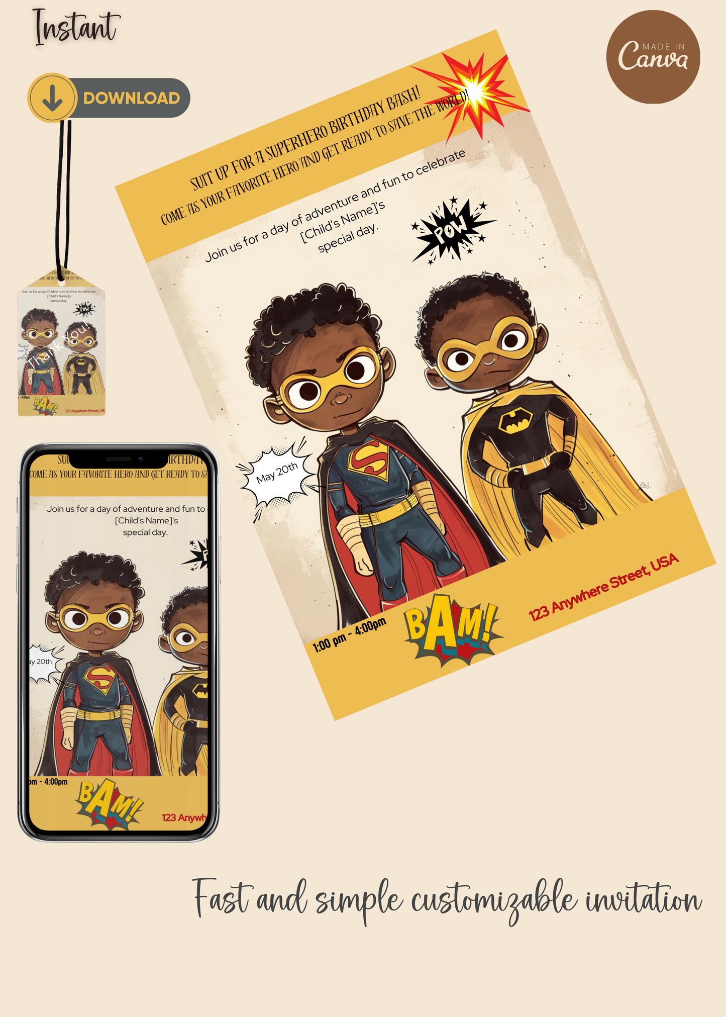 Printable Editable Invite Template | Music Birthday Party |Tiny Heroes: Customizable Super Birthday Invitation|Party Invitation #2012
