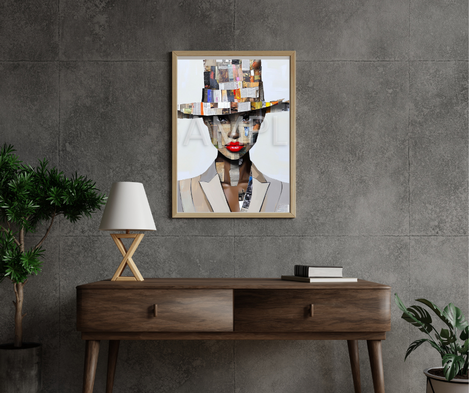 Paper Crown: Afrocentric Collage Portrait of a Black Woman in Textured Elegance – Digital Art Print - T152741