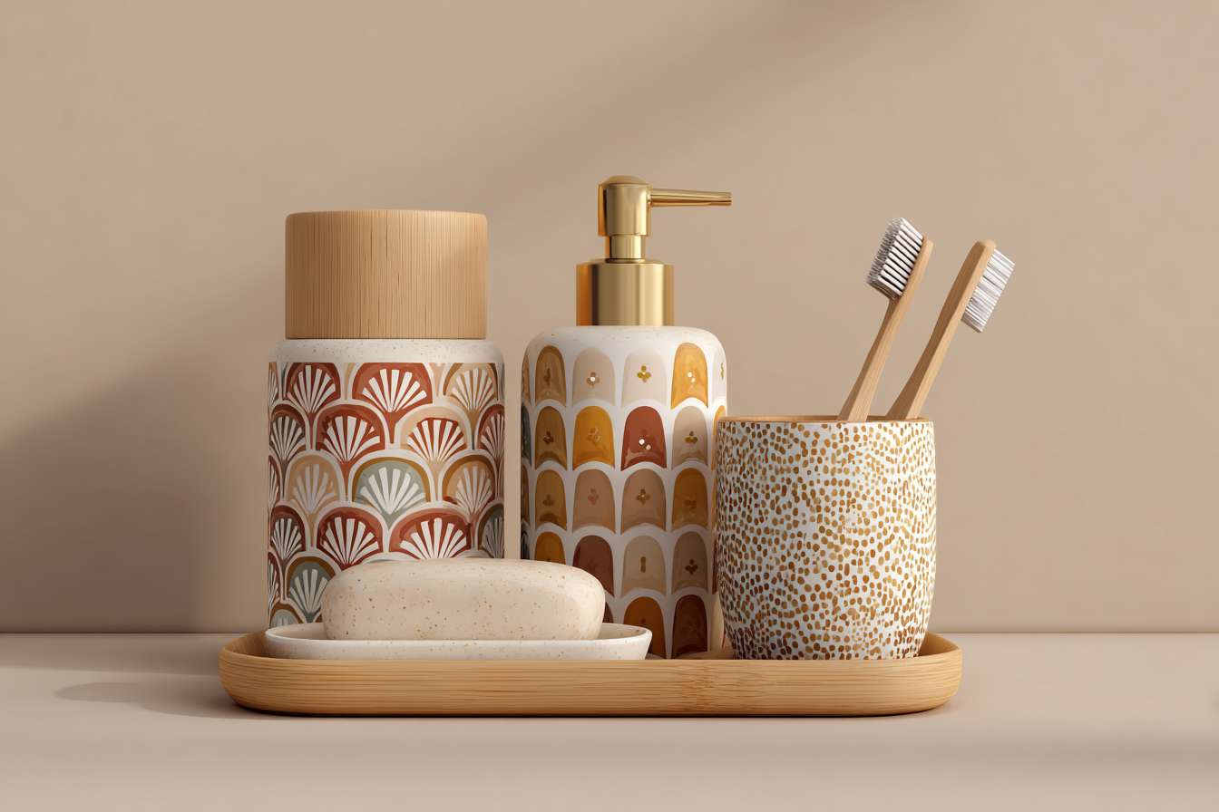 Modern Geometric Bathroom Set | Gold & Red Abstract Shower Curtain | Bold Afro-Inspired Bath Décor - Bath Towel 30"x56" – O853214