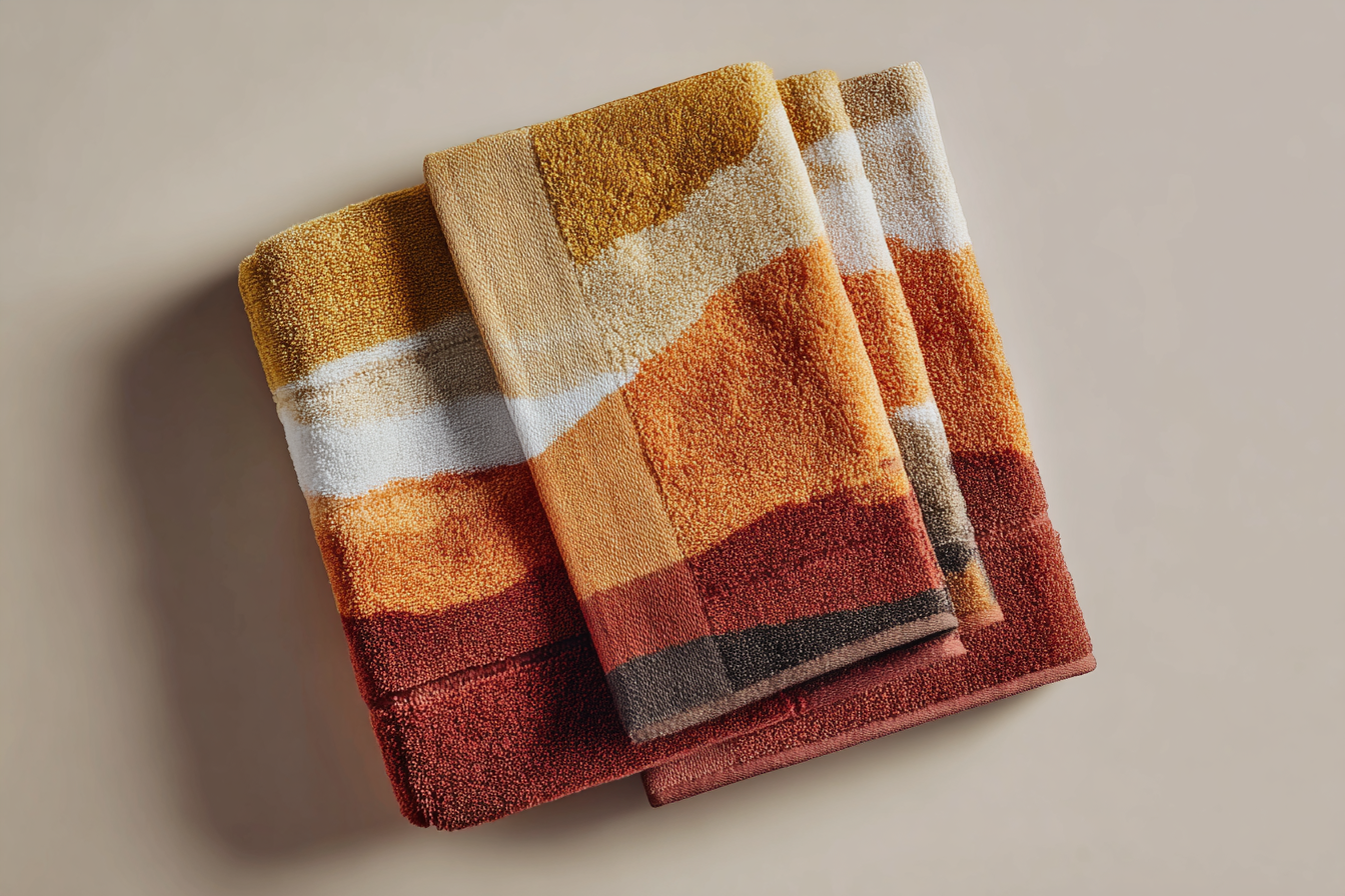 Modern Geometric Bathroom Set | Gold & Red Abstract Shower Curtain | Bold Afro-Inspired Bath Décor - Square Towel 13“x13” – L539777