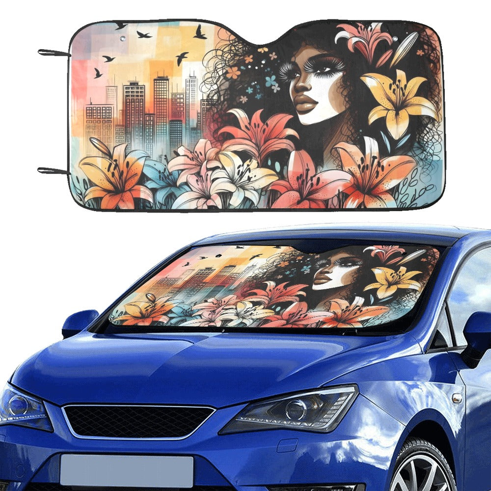 Urban Blossoms: Vibrant Cityscapes and Floral Dreams – Collection - Car Sunshade 55"x30" - #2014