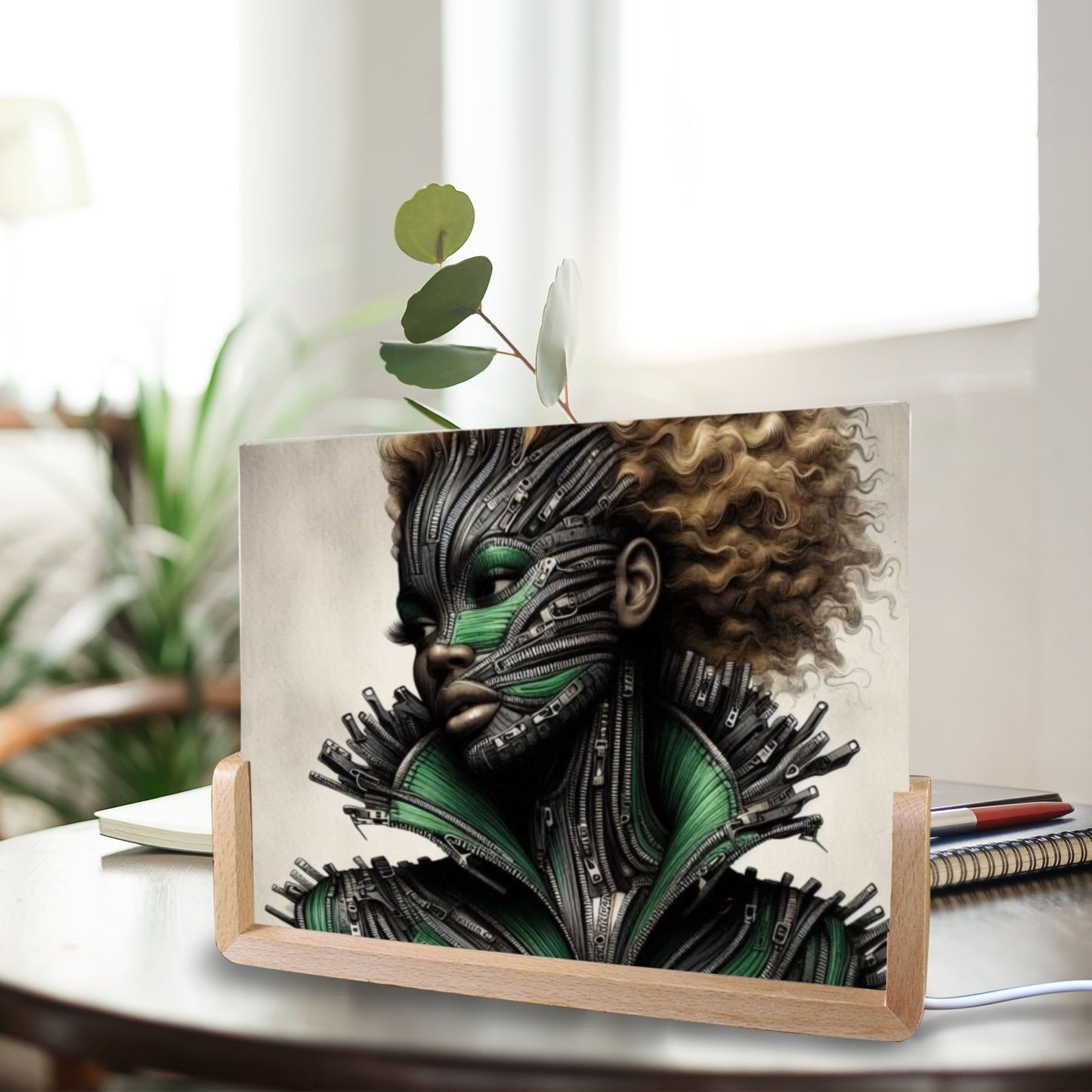 Acrylic Photo Night Light - Velvet's View - Mechanical Muse - The Fusion of Fashion and Futurism Collection - 8"x6"(U-Shaped Beech Base)