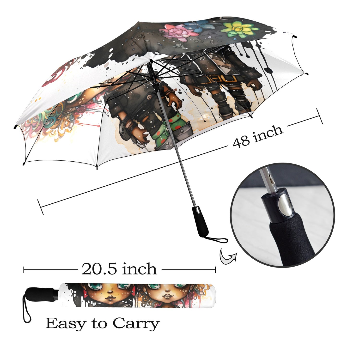 Semi-Automatic Foldable Umbrella - Black Girl Art - Velvet's View - Whimsical Kool Kids Collection - (Model U12)