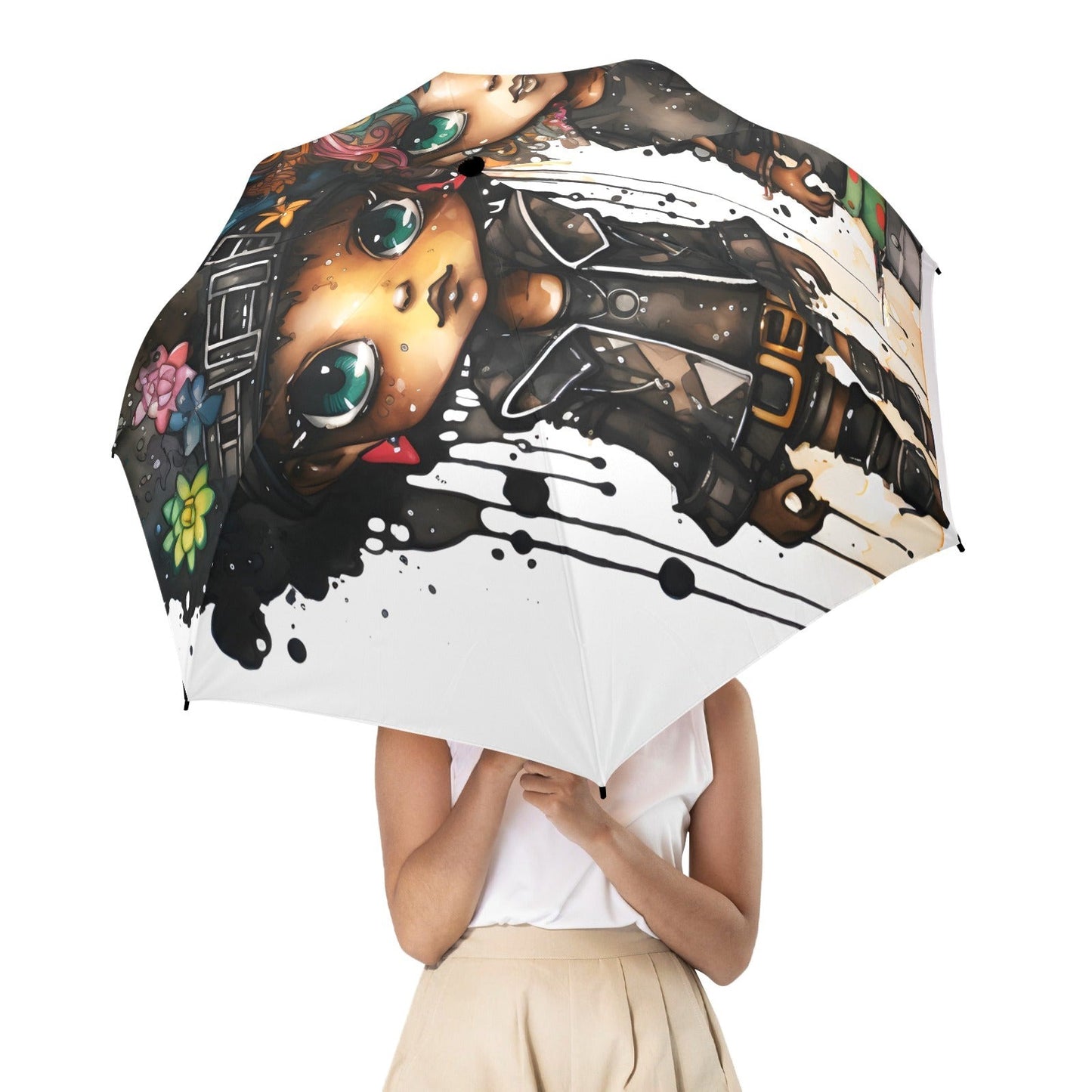 Semi-Automatic Foldable Umbrella - Black Girl Art - Velvet's View - Whimsical Kool Kids Collection - (Model U12)
