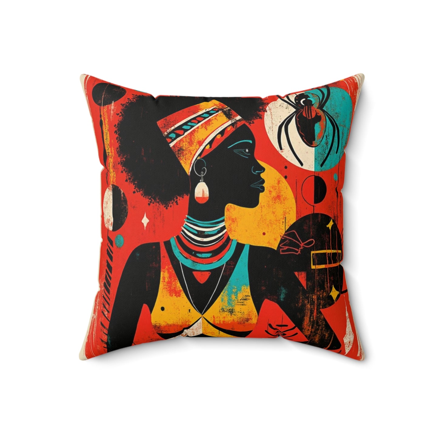 Spun Polyester Square Pillow - Black Girl Art - Velvet's View - Tribal Harmony - Red and Black Tribal Patterns –