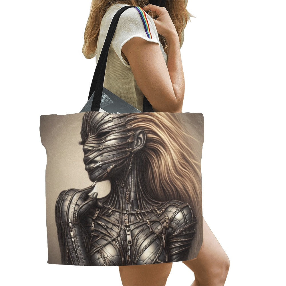 All Over Print Canvas Tote Bag/Large - Velvet's View - Mechanical Muse - The Fusion of Fashion and Futurism - (Model 1699)