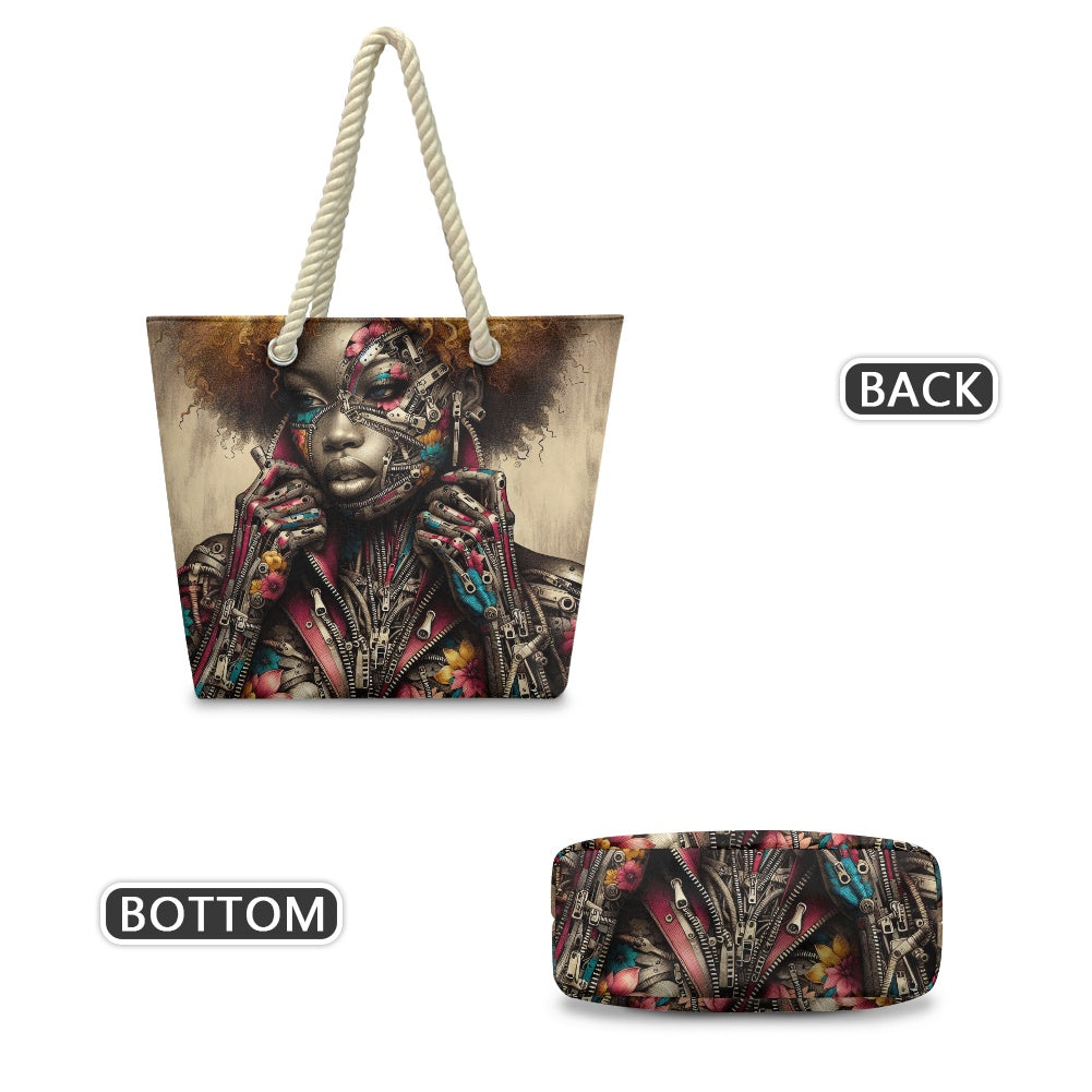 Hemp Rope Tote Bag - Velvet's View - Mechanical Muse - The Fusion of Fashion and Futurism