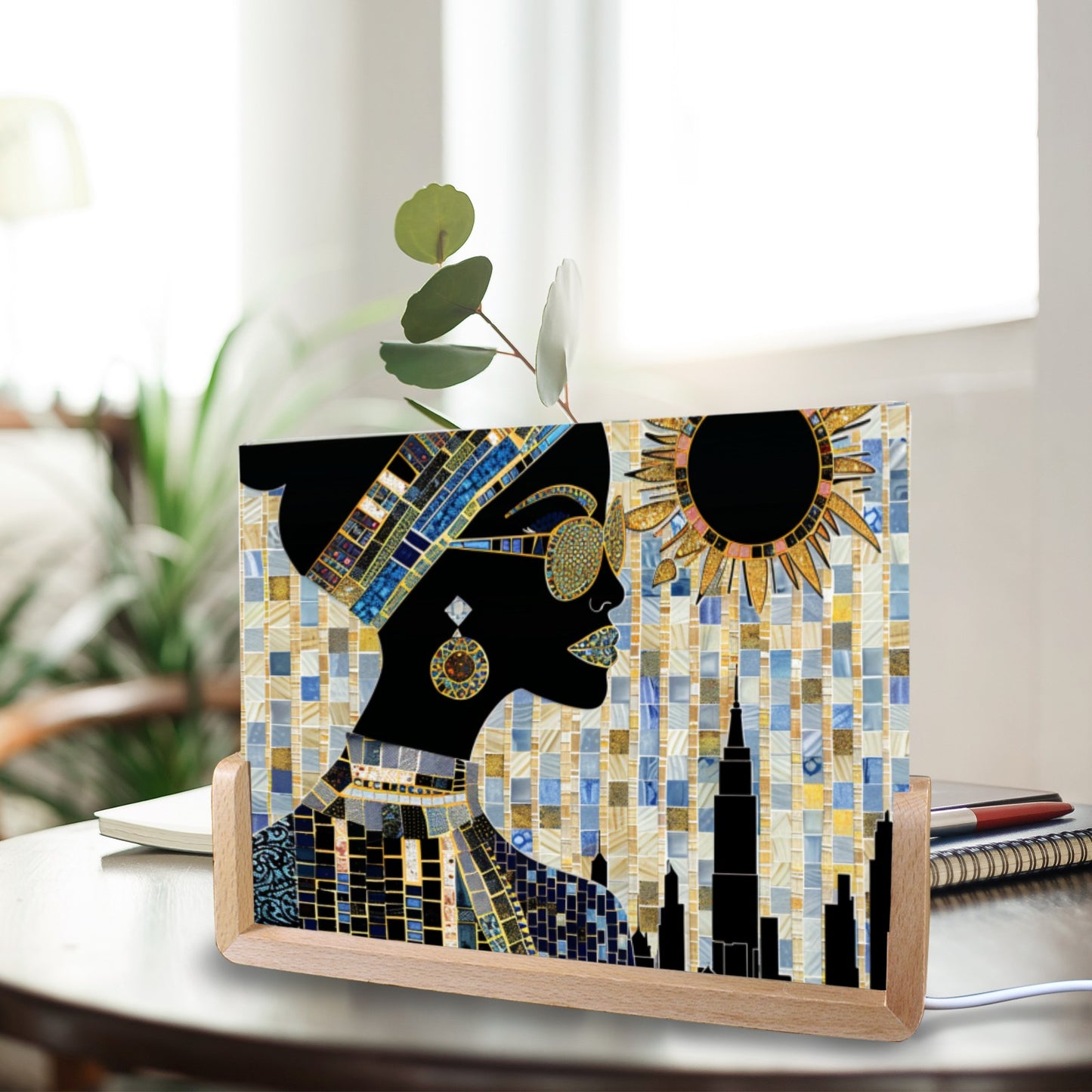 Acrylic Photo Night Light - Black Girl Art - Velvet's View - Urban Elegance - Illuminated in Color Collection - 8"x6"(U-Shaped Beech Base)
