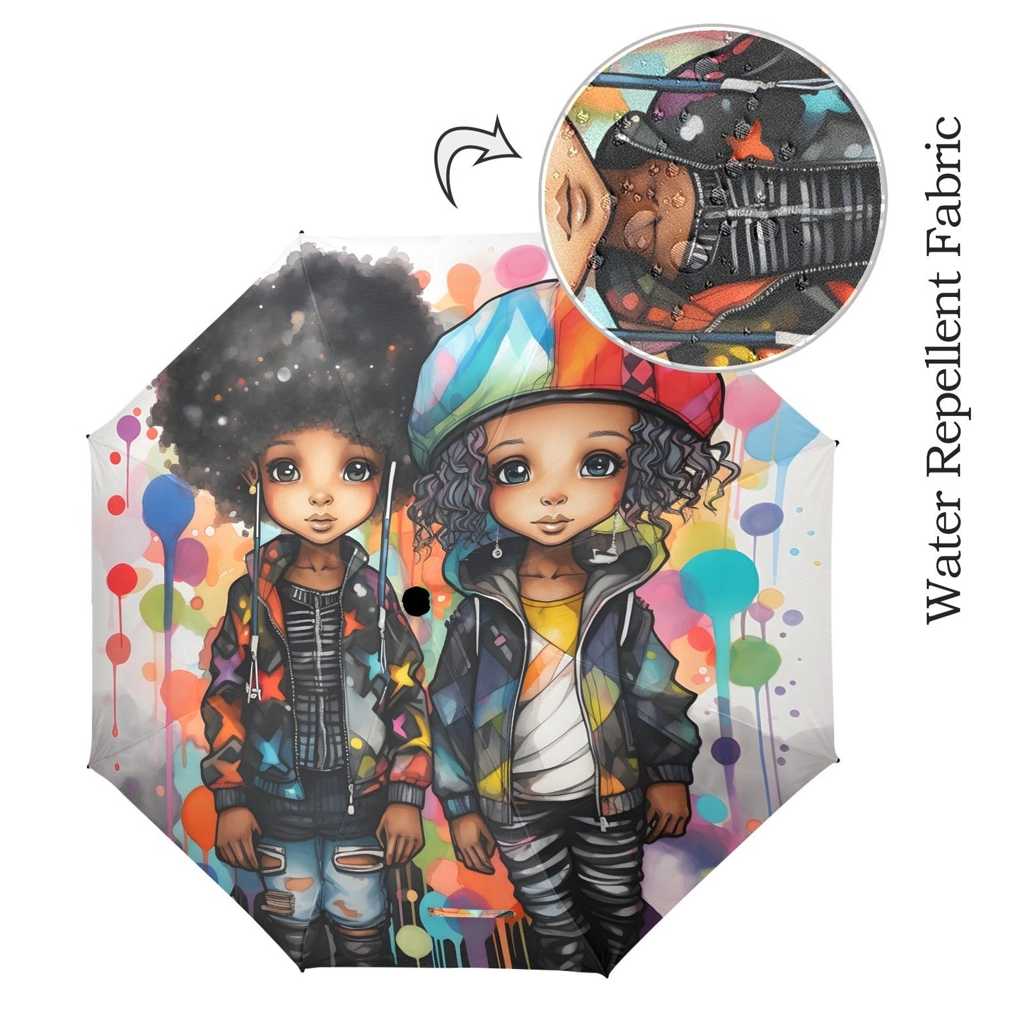 Semi-Automatic Foldable Umbrella - Black Girl Art - Velvet's View - Whimsical Kool Kids Collection - (Model U12)
