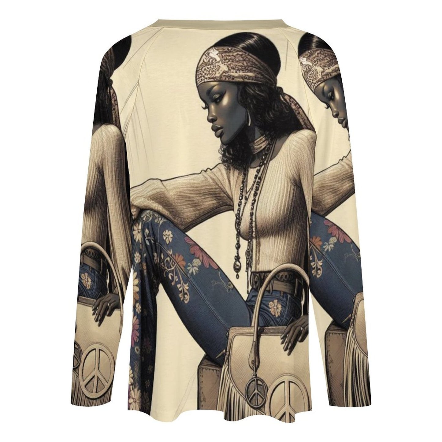 Retro Groove: Vintage Vibes and Bohemian Dreams - V-neck Loose Long Sleeve T-shirt TLREV2 (All-Over Printing)