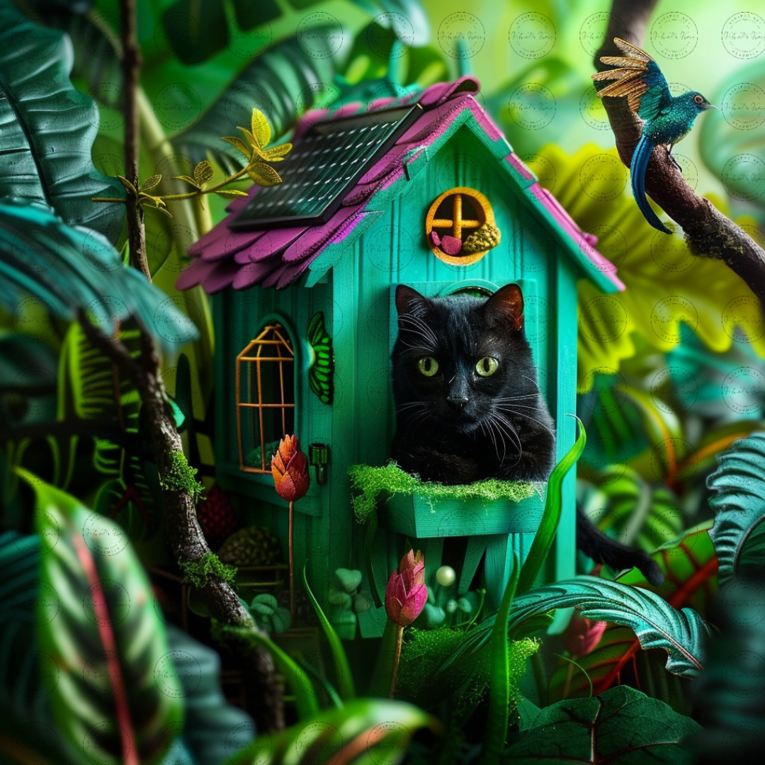 Black Girl Art - Velvet's View Digital Art - Whimsical Jungle Retreat: Enchanted Cat Abode