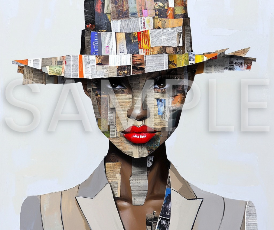 Paper Crown: Afrocentric Collage Portrait of a Black Woman in Textured Elegance – Digital Art Print - T152741