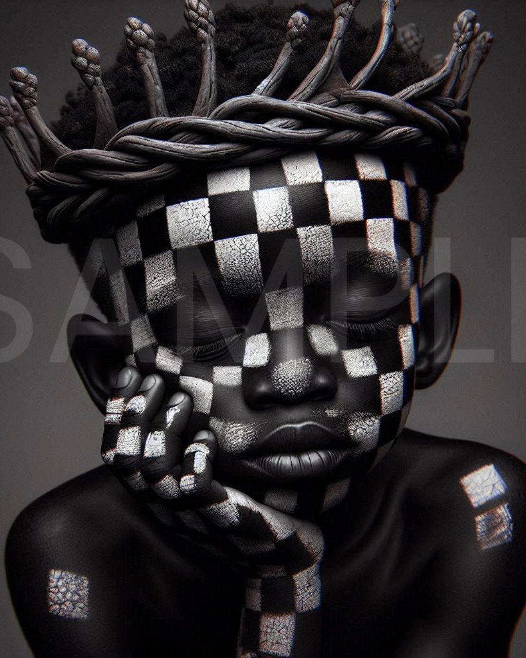Crowned in Innocence: Afro Surreal Wooden-Inspired Kids Portraits – Velvet’s View Exclusive Digital Art Collection - 2589N